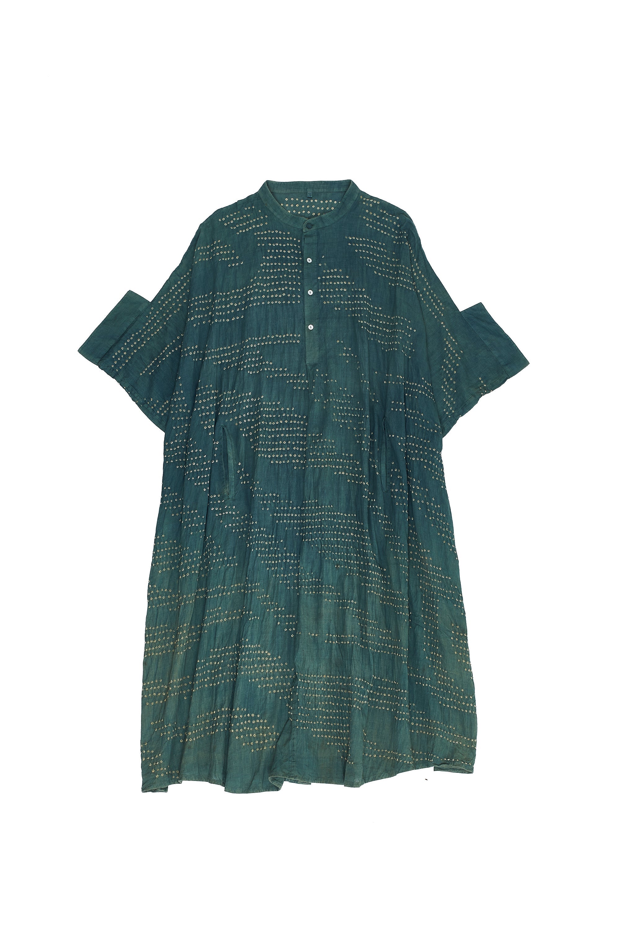 SEA GREEN COLOUR BLOCKED DRAPE DRESS FEATURING MINIATURE BANDHANI