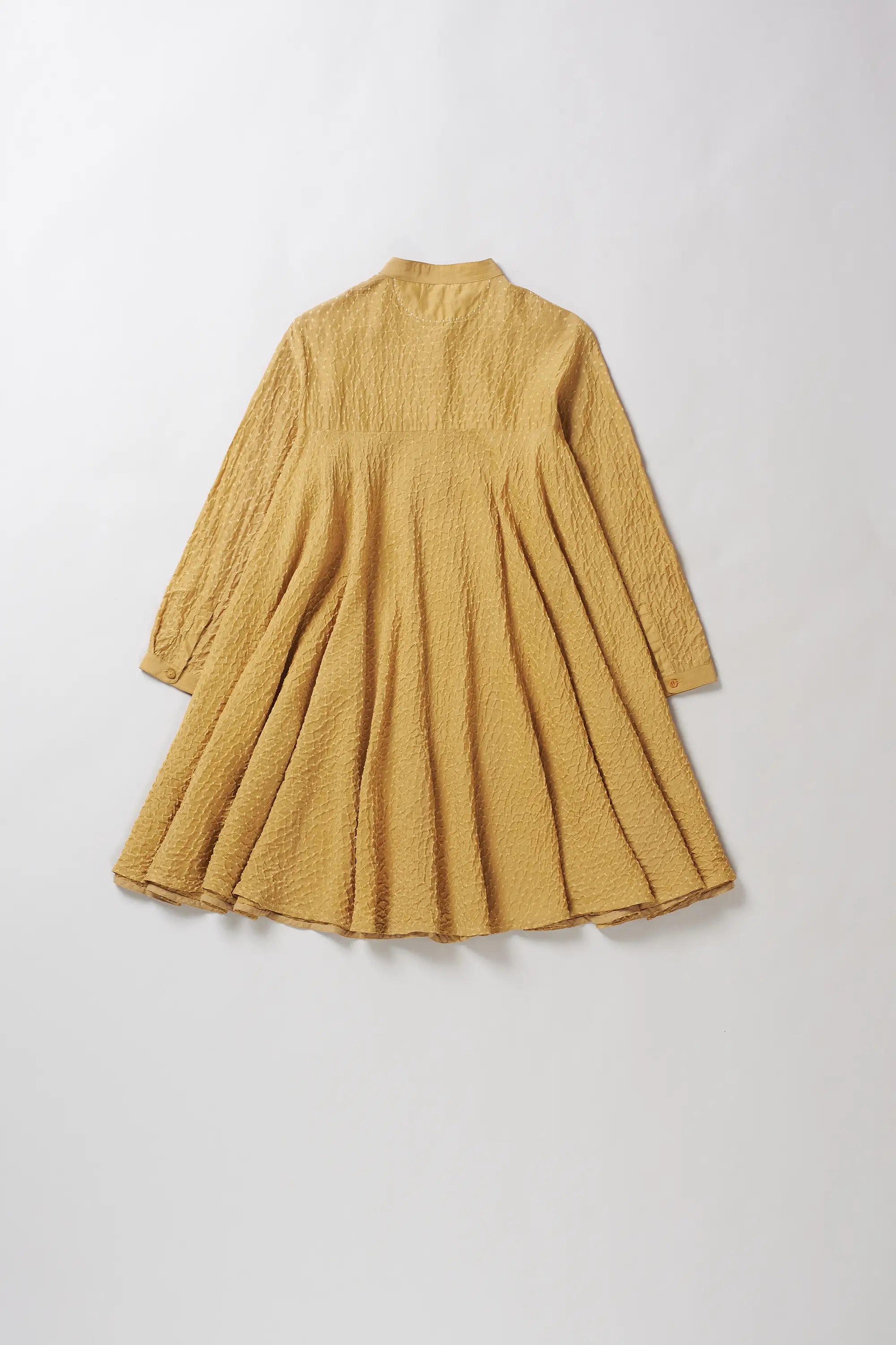 Ochre Yellow Cotton Silk Blend Women Shirt Dress