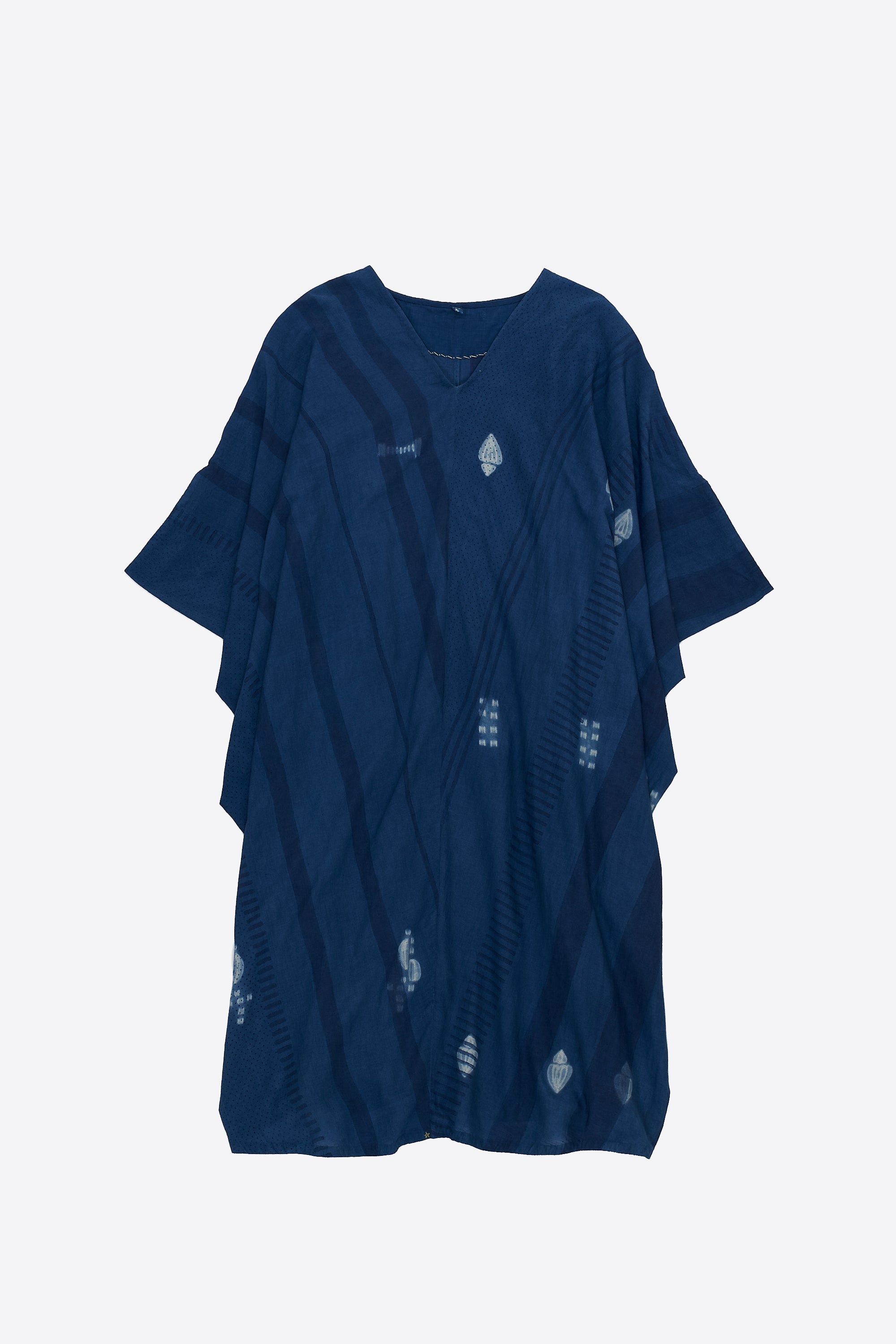 MEDIUM INDIGO BLOCK PRINT KAFTAN COTTON SILK WOMEN'S DRESS