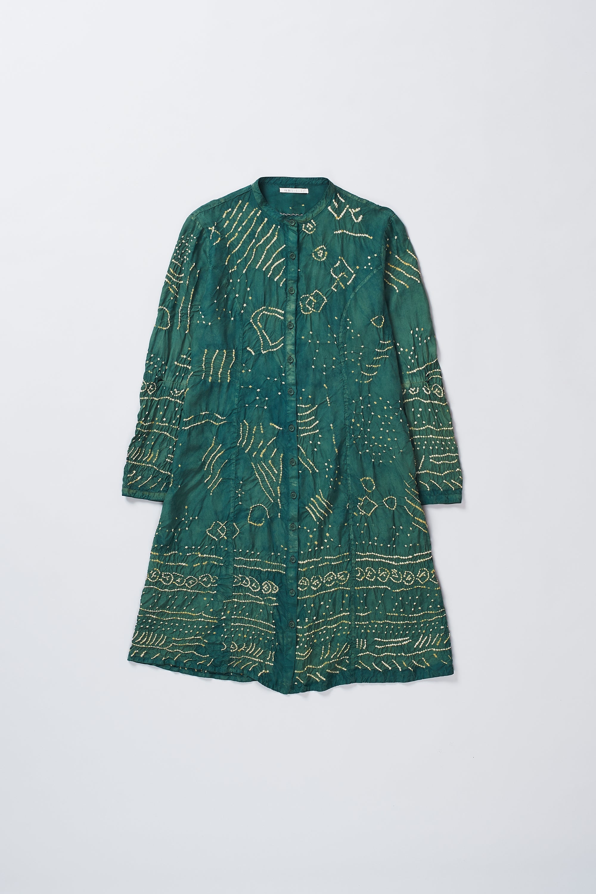 BOTTLE GREEN DIP DYED TEXTURED BANDHANI SILK DRESS
