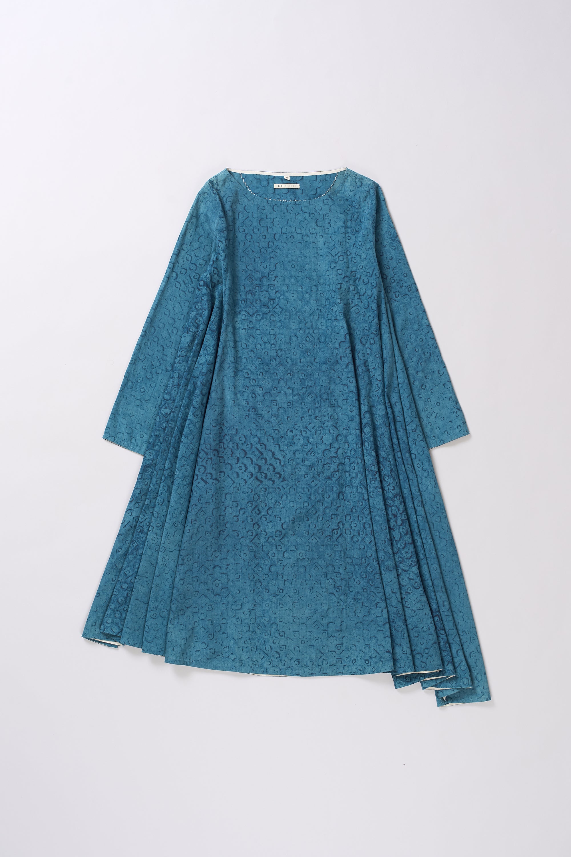 MEDIUM INDIGO BLOCK PRINTED COTTON SILK DRESS