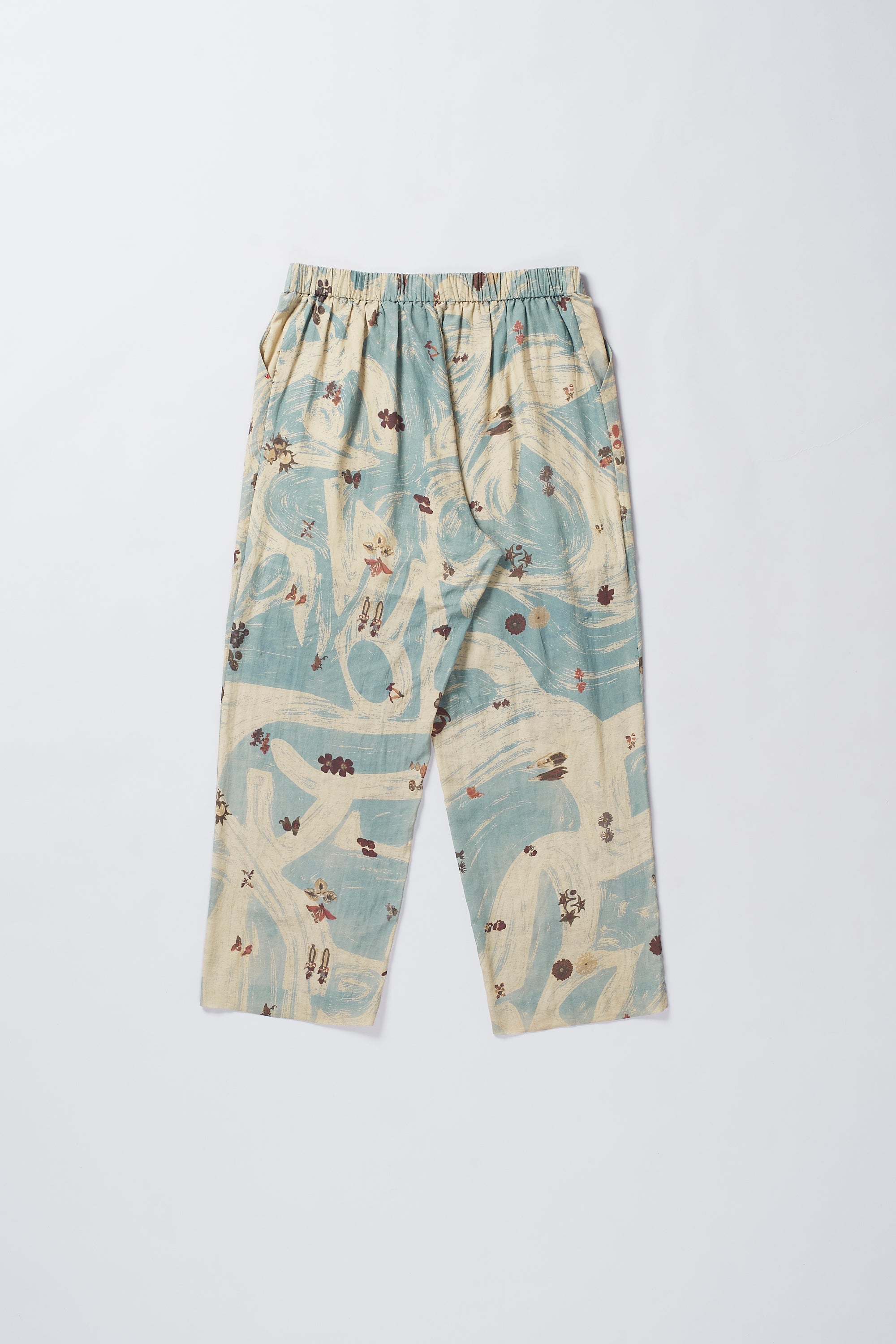 OCEAN BLUE COTTON SILK BLEND SCREEN PRINT PANT