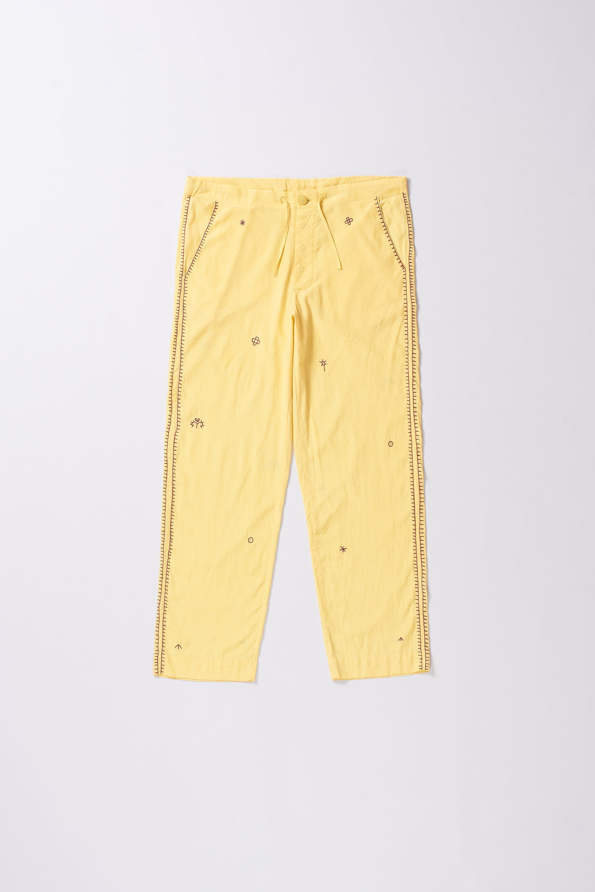 LEMON YELLOW EMBROIDERED COTTON SILK PANT