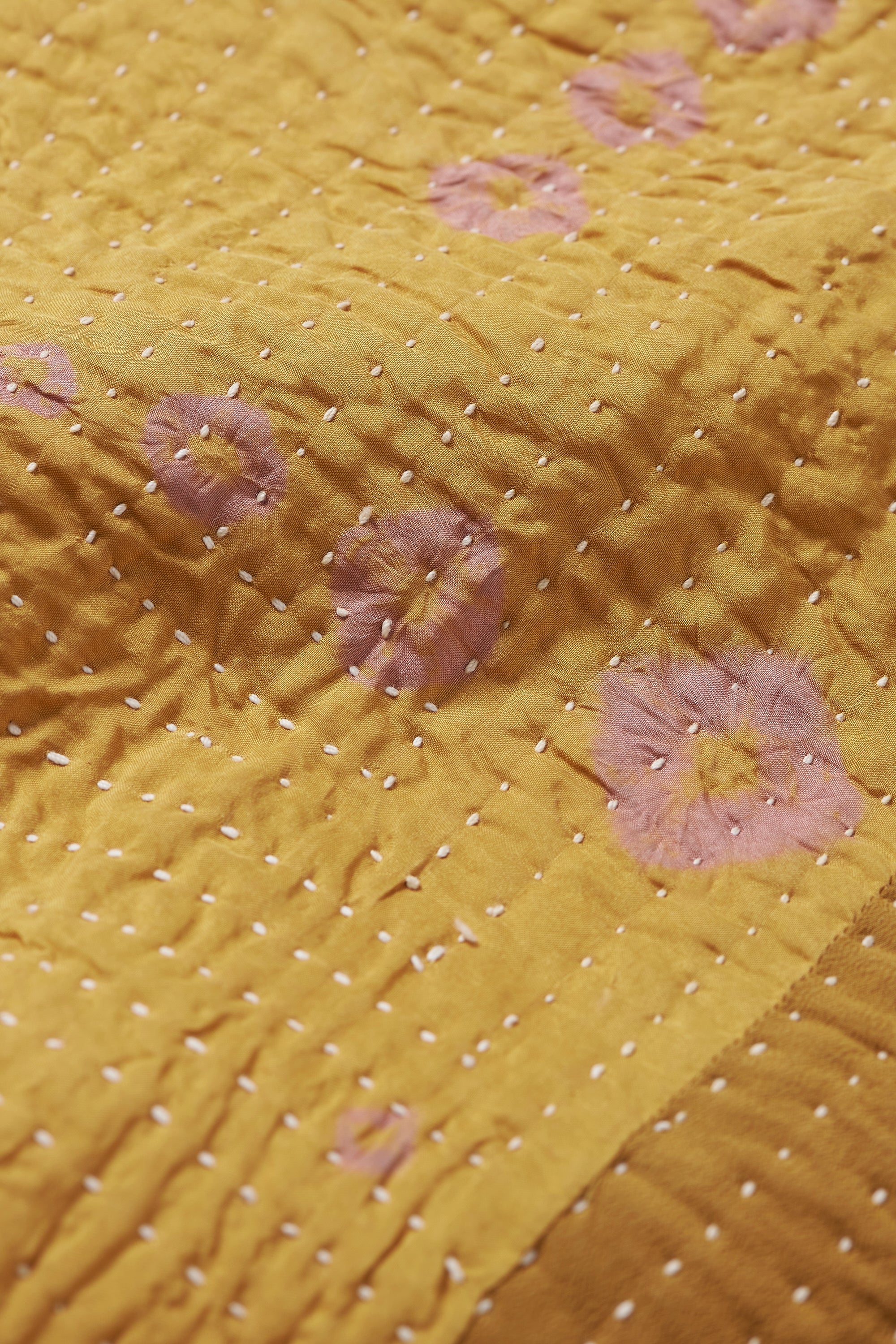 HAND EMBROIDERED PATCHWORK QUILT IN OCHER YELLOW