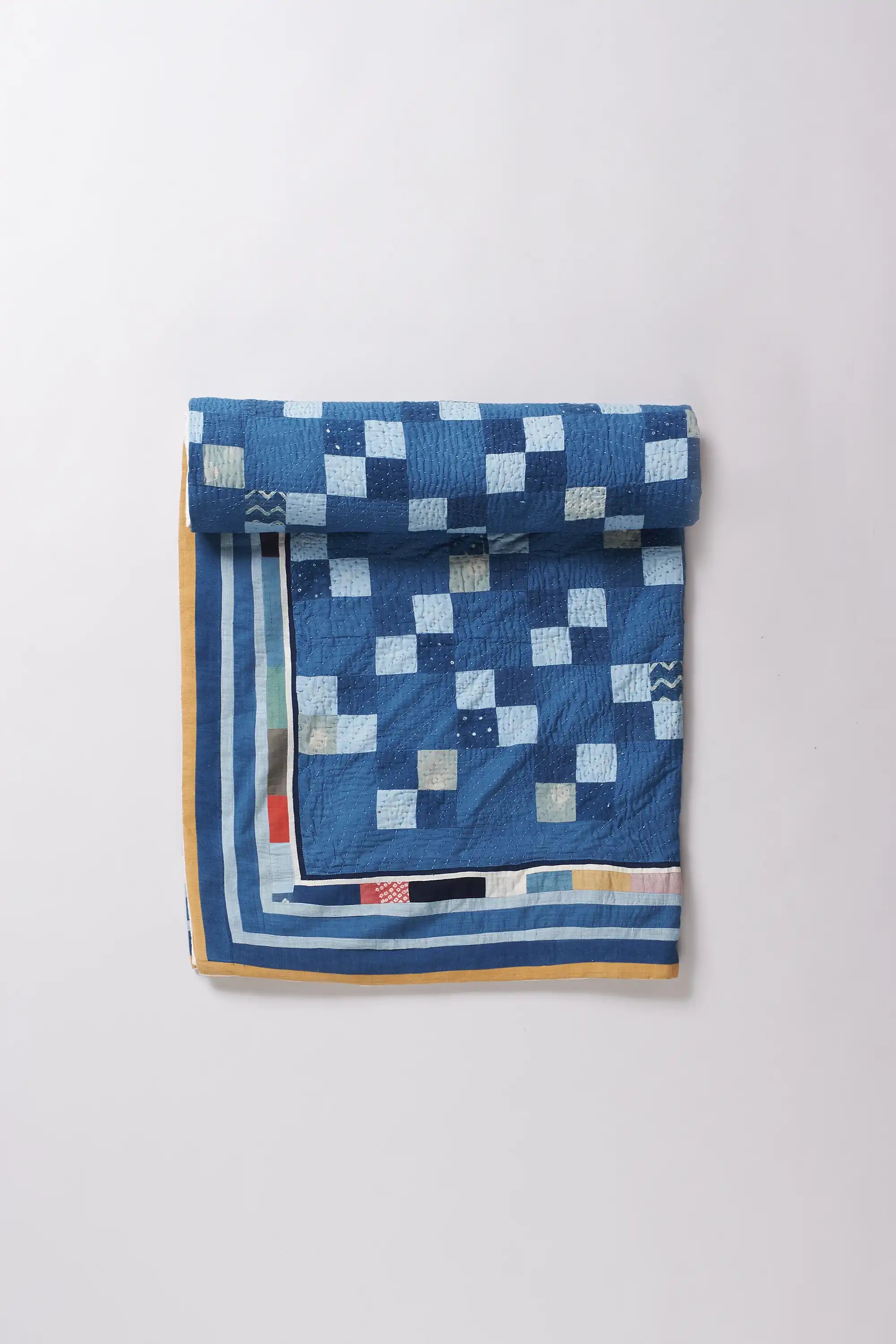 Shades of Indigo with Hand Embroidered Patchwork Quilt