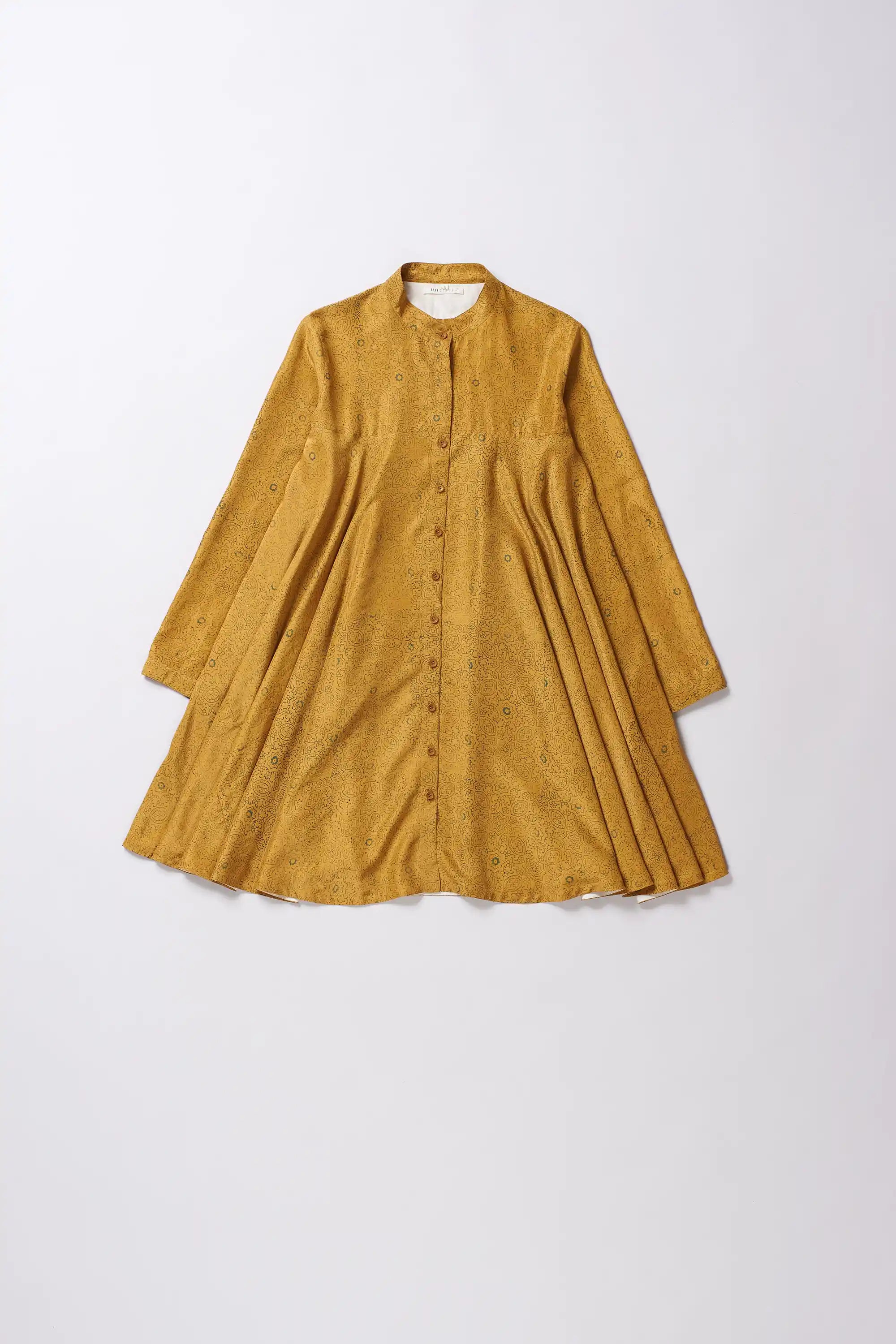 Mustard Yellow Block Printed Silk Dress
