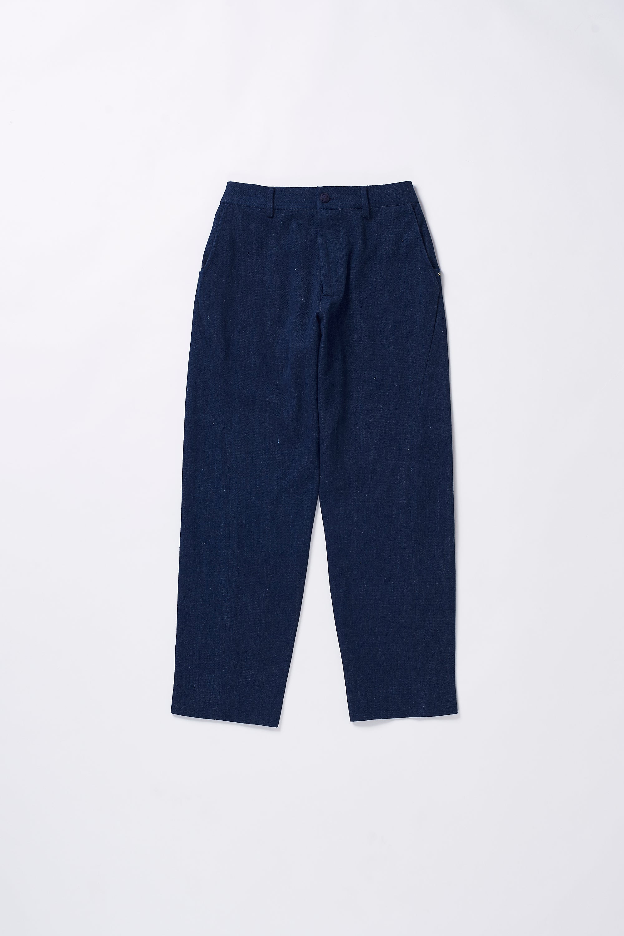 ELASTICATED ENGINEERED HAND-WOVEN INDIGO DENIM TROUSERS