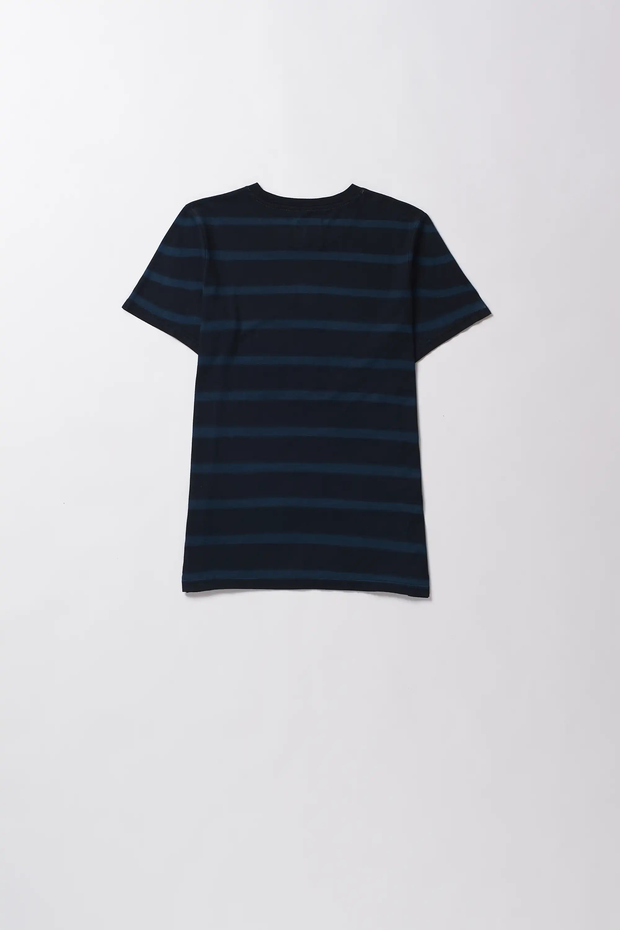 Black striped t-shirt on a light grey background
