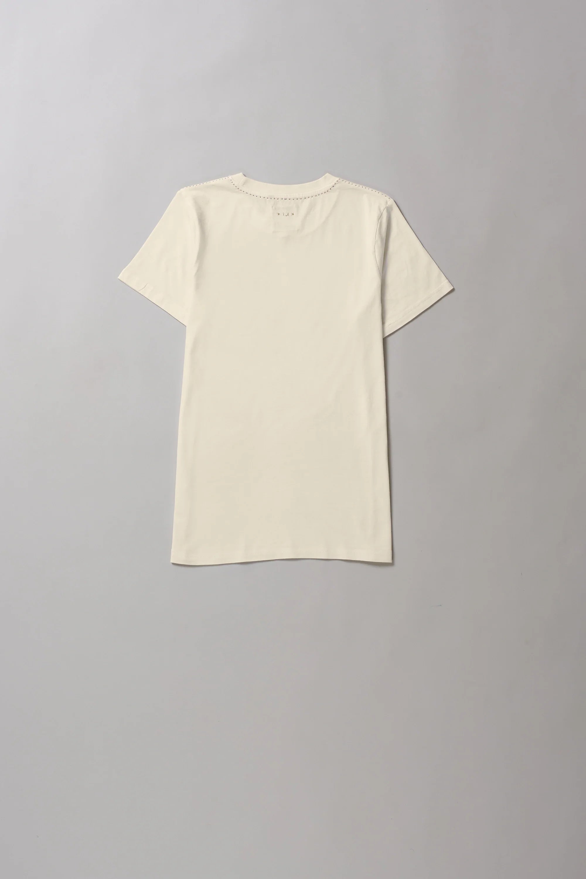 Back image of ecru t-shirt on a grey background
