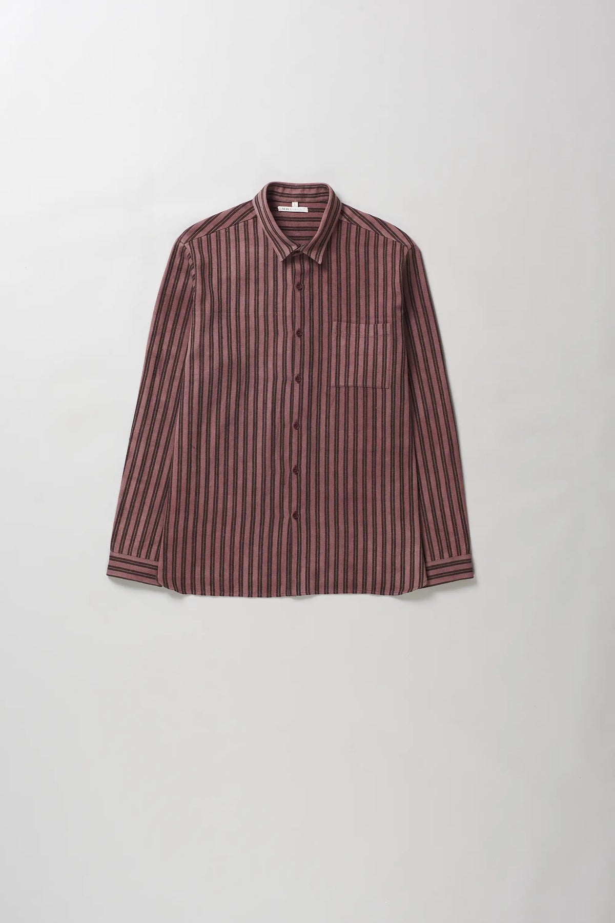 A long-sleeve button-up shirt with vertical stripes in dark red and brown, laid flat against a light grey background.