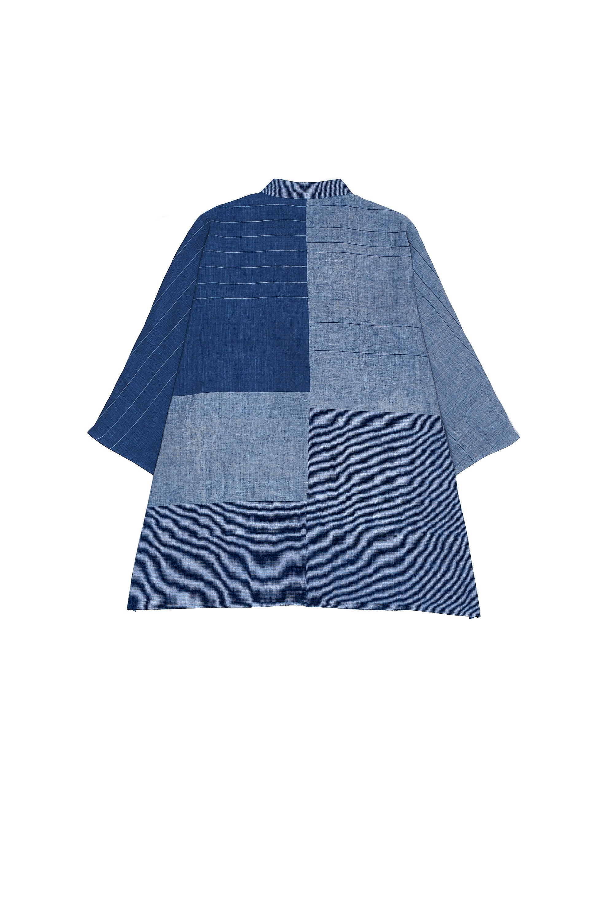 INDIGO YARN DYED STRIPES BAND COLLAR SHIRT