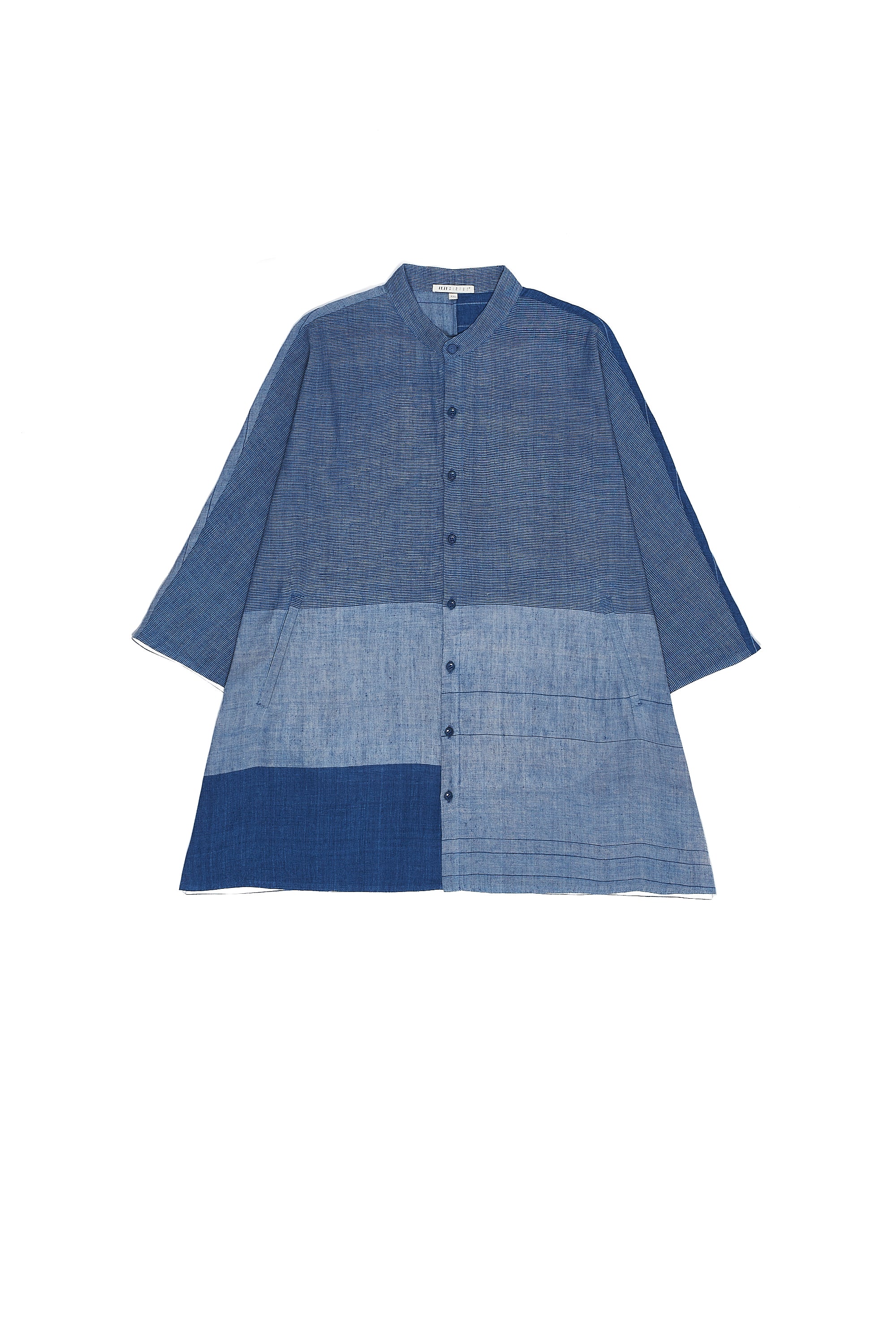 INDIGO YARN DYED STRIPES BAND COLLAR SHIRT