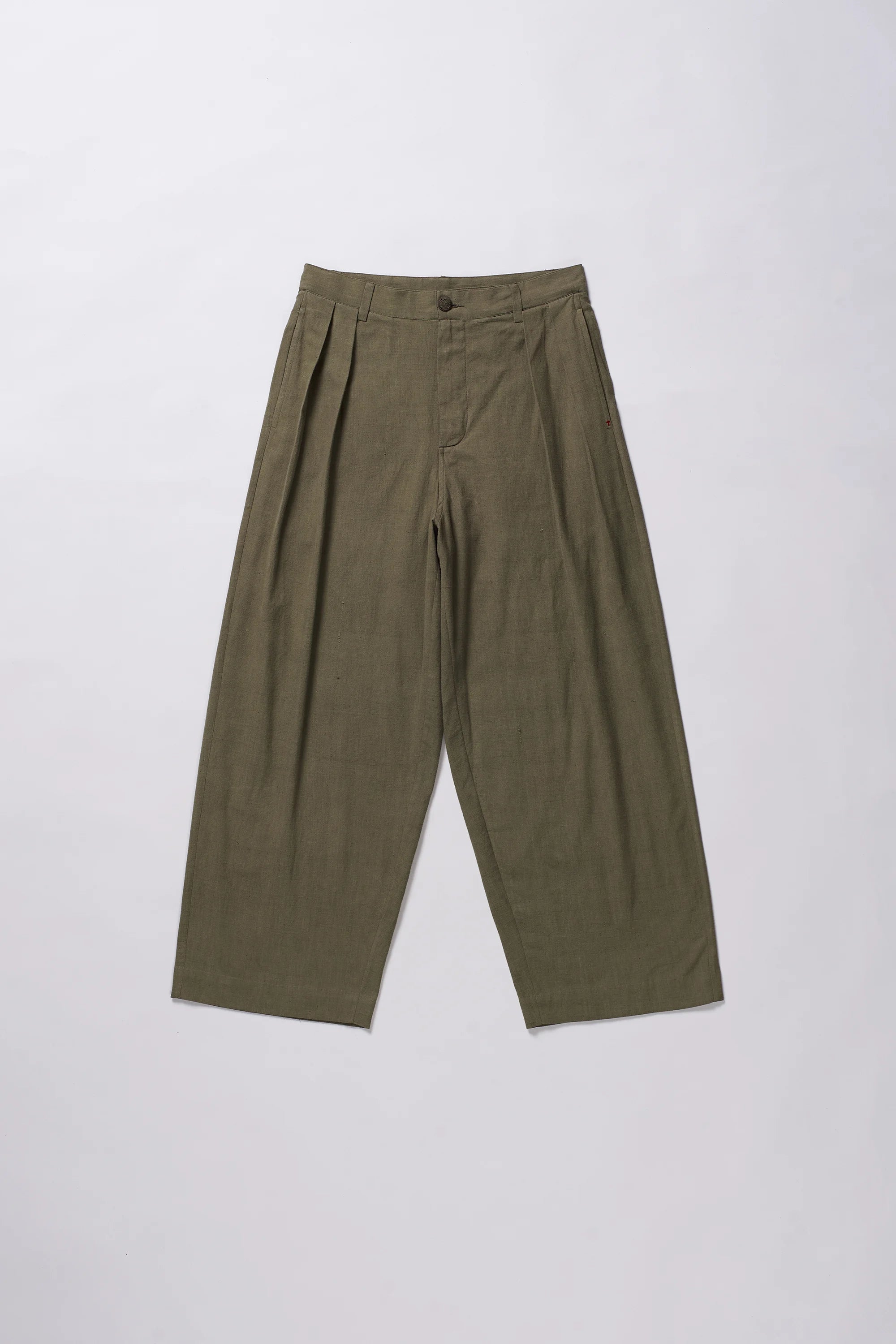 Khakhi Green Cotton Pleated Trousers