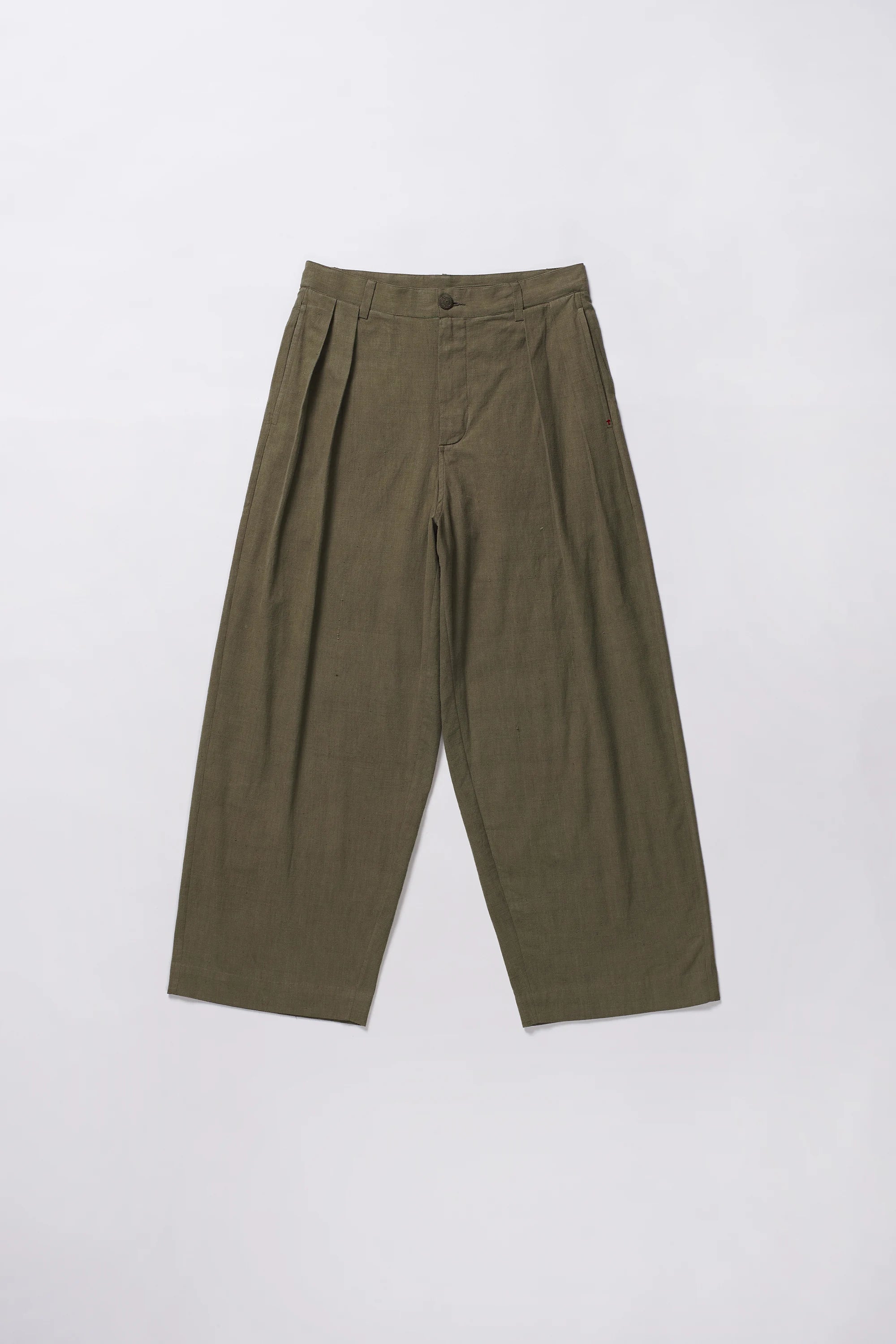 Khakhi Green Cotton Pleated Trousers