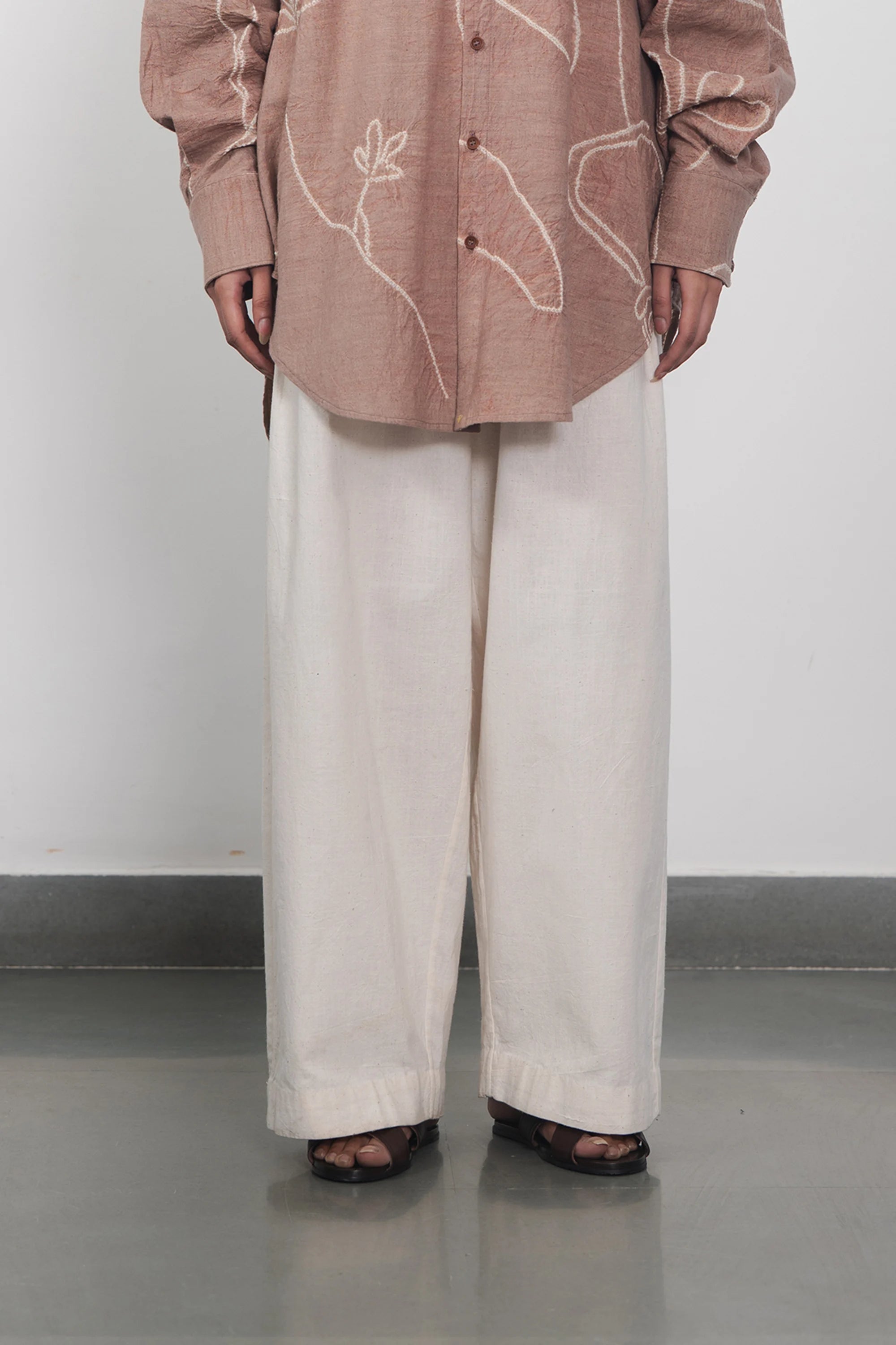 Ecru Cotton Pleated Trousers