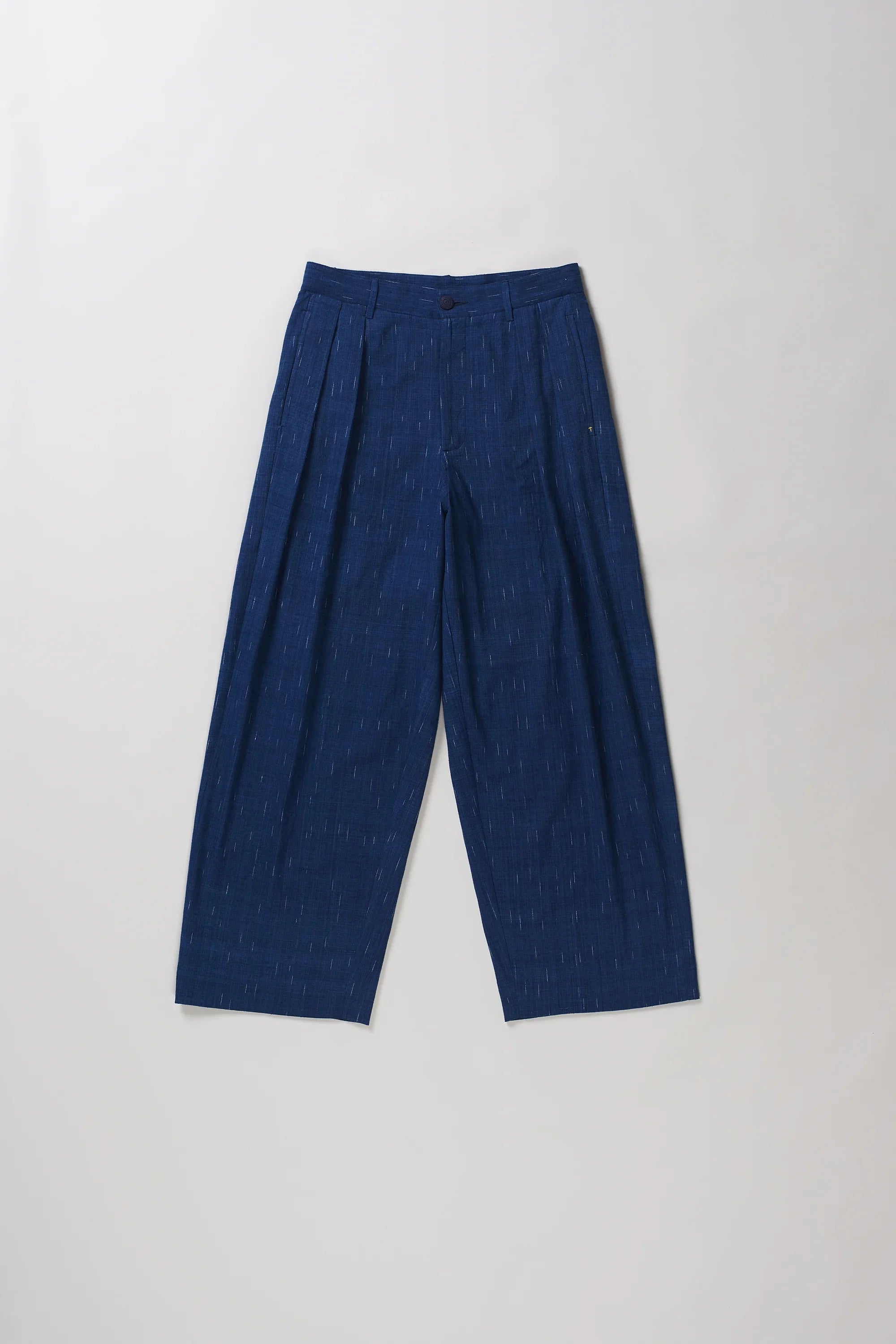 Front image of medium indigo cotton pant