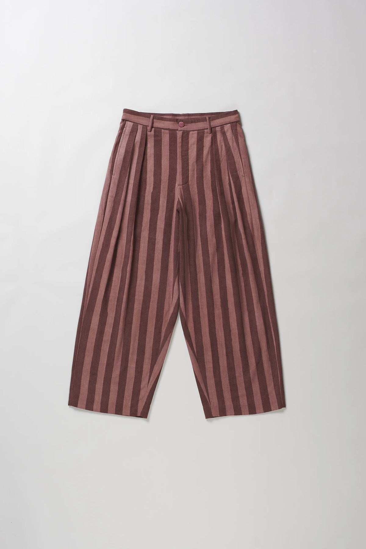 A pair of wide-leg cropped trousers with vertical stripes in dusty rose and dark brown, laid flat against a light grey background.