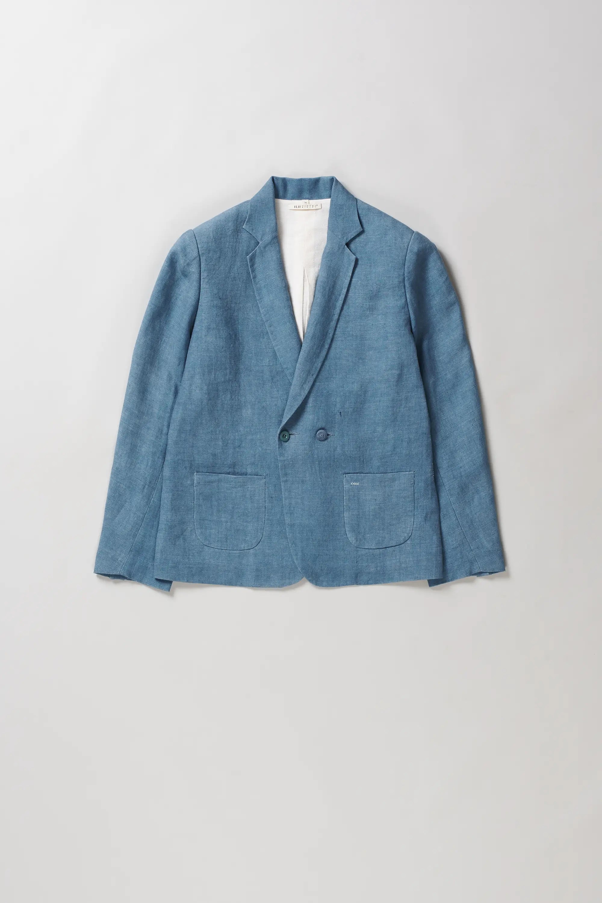 Front image of powder blue linen jacket