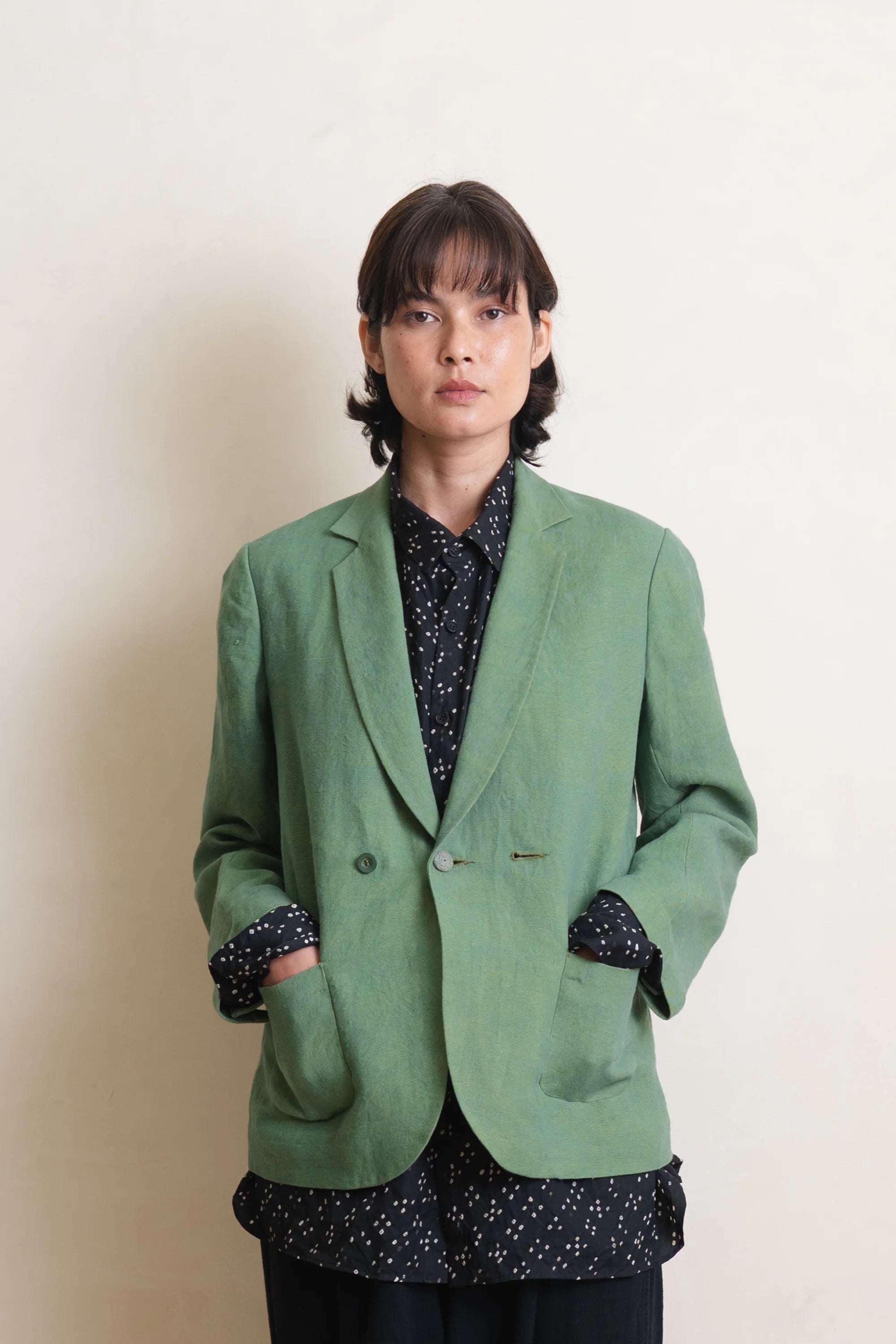Turf Green Detailed Linen Jacket