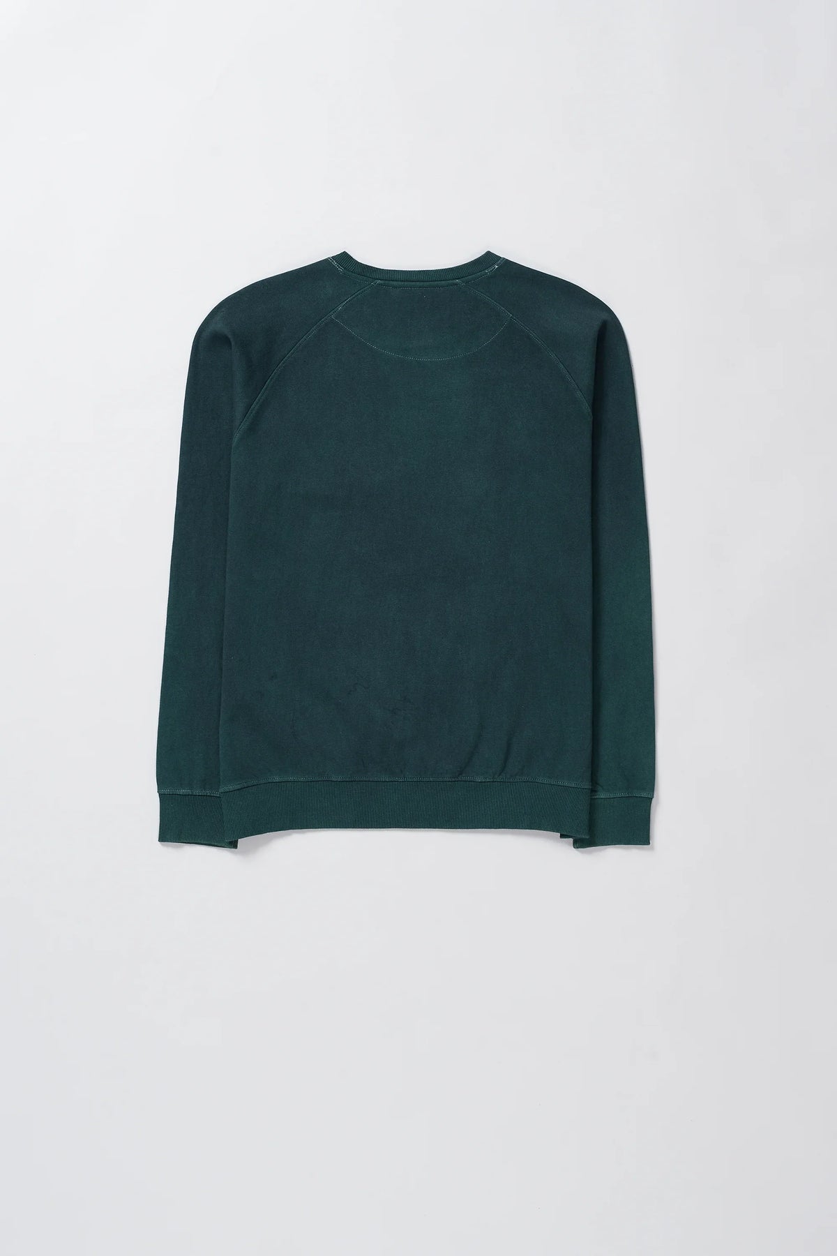 A bottle green long-sleeve crewneck sweatshirt shown from the back, laid flat against a light grey background.