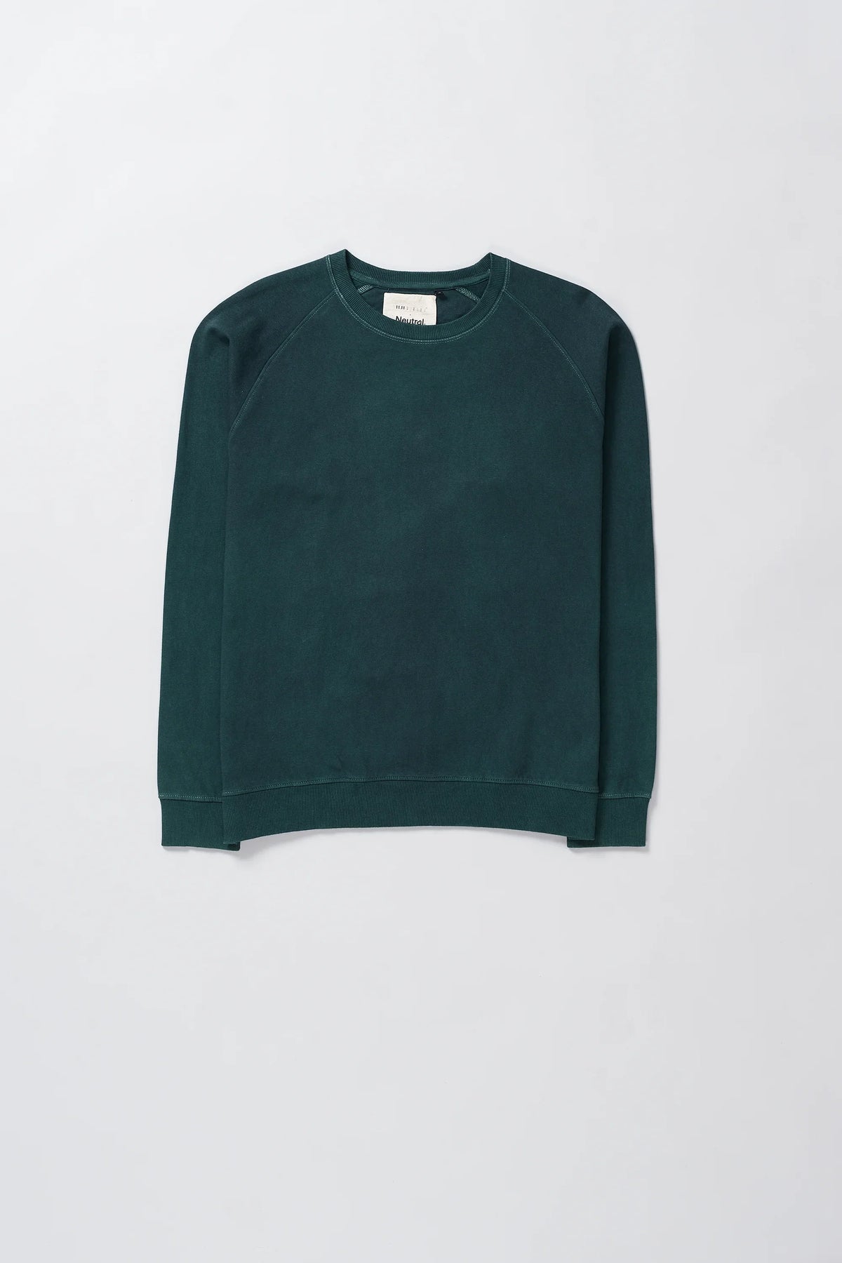 A bottle green crewneck sweatshirt with raglan sleeves, laid flat against a light grey background.