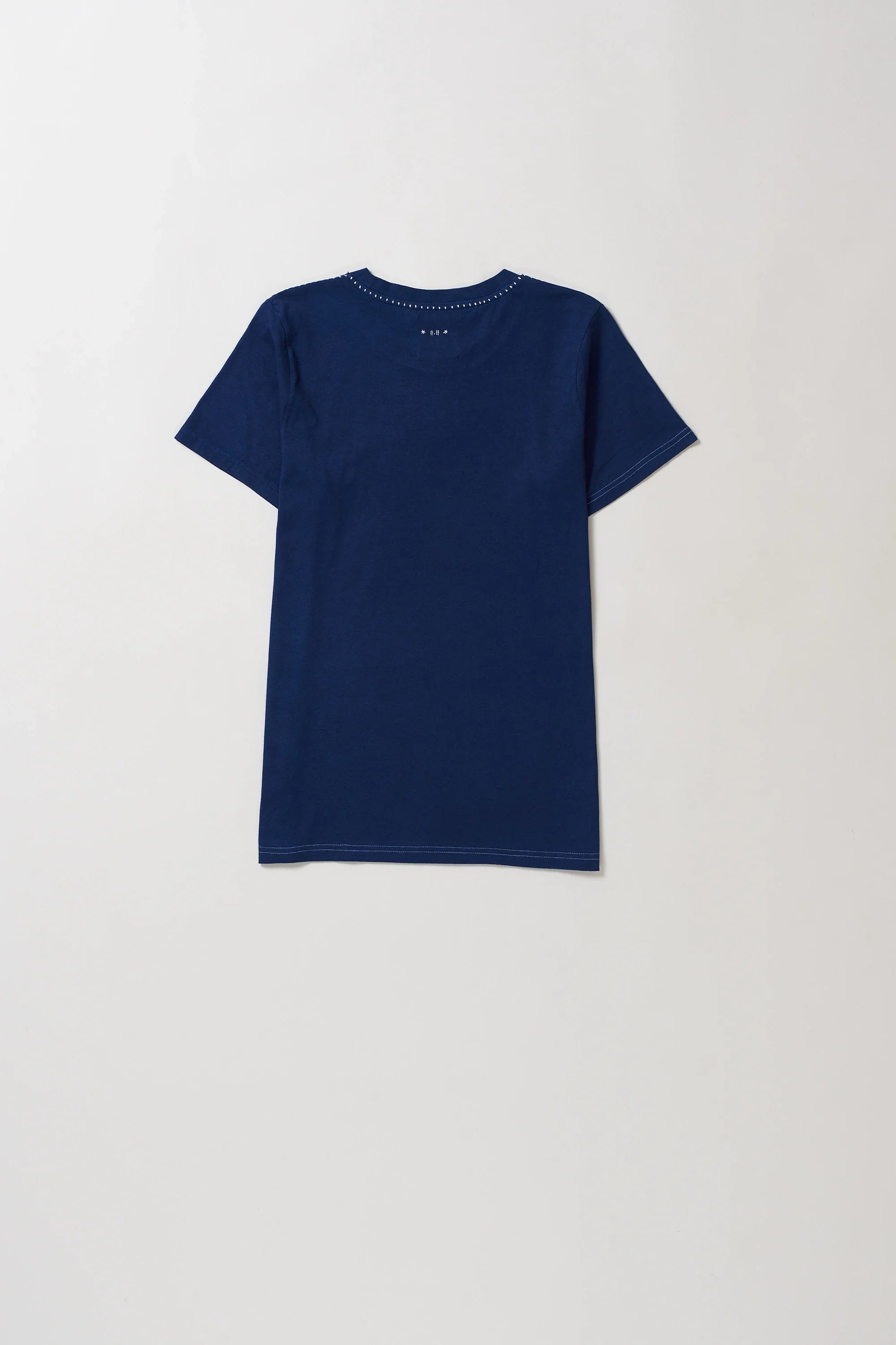 Back image of indigo cotton t-shirt on a grey background