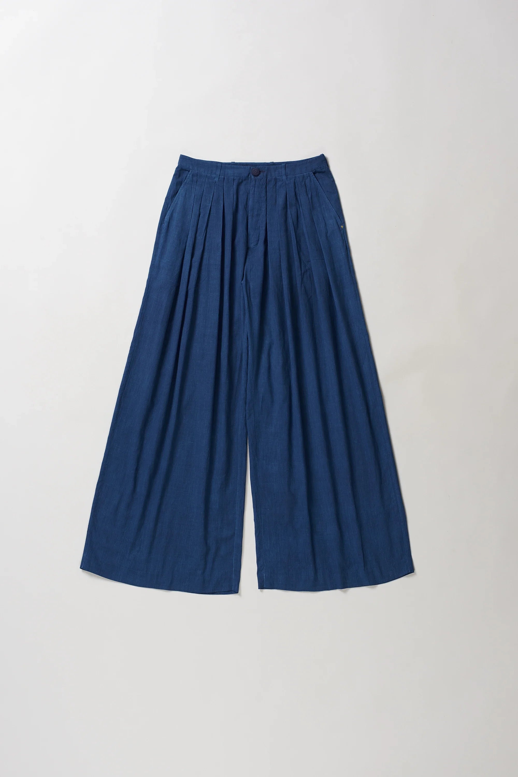 Front image of blue wide-leg pants on a light grey background