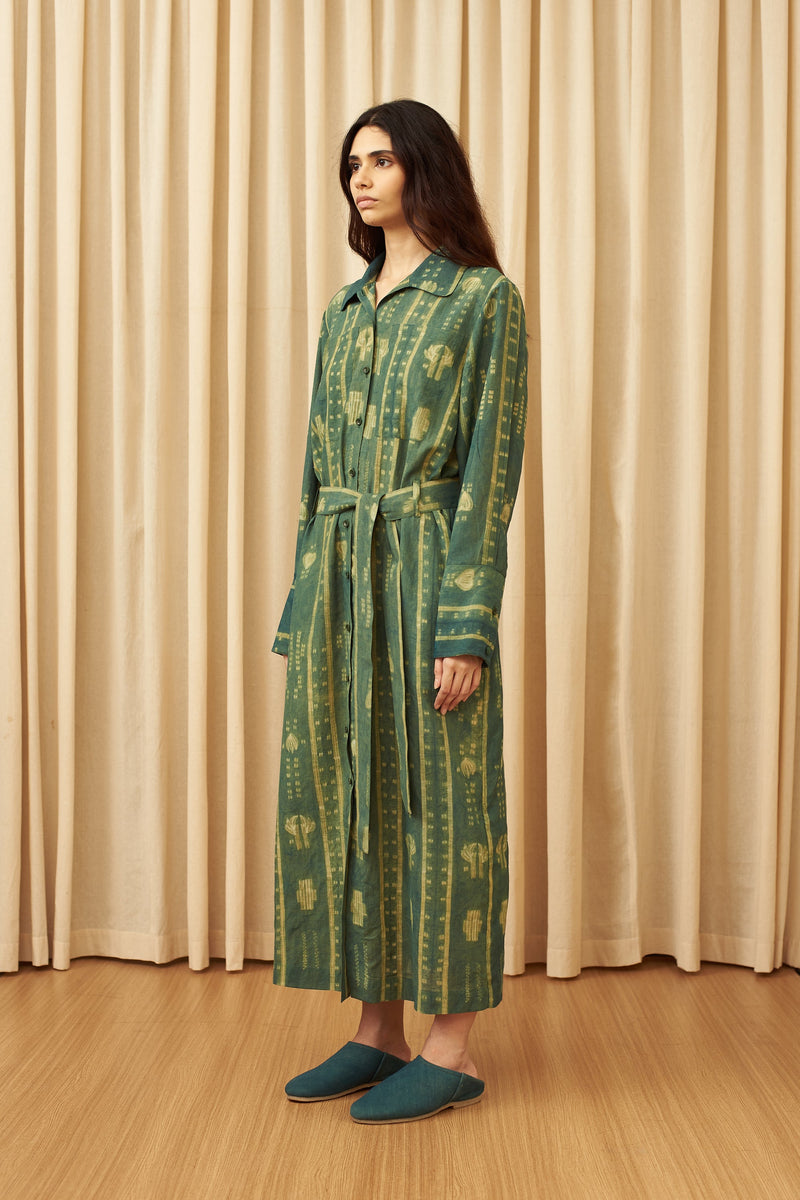 BOTTLE GREEN STATEMENT SHIBORI SHIRT DRESS