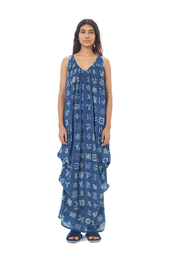 Indigo Summer Dress Crafted With Bandhani Motifs