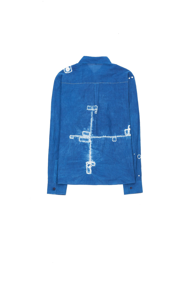 INDIGO RELAXED FIT FINE COTTON SHIRT SPECKLED WITH ALL OVER SHIBORI
