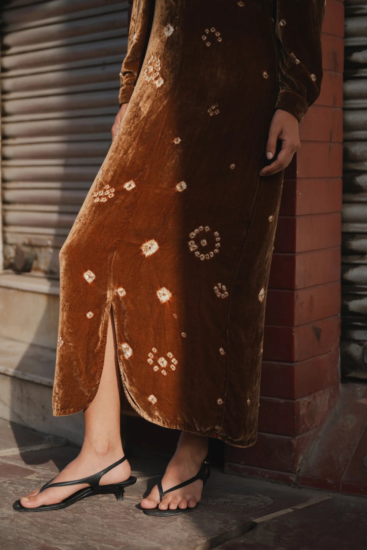Velvet Bandhani Dress in Filter Coffee