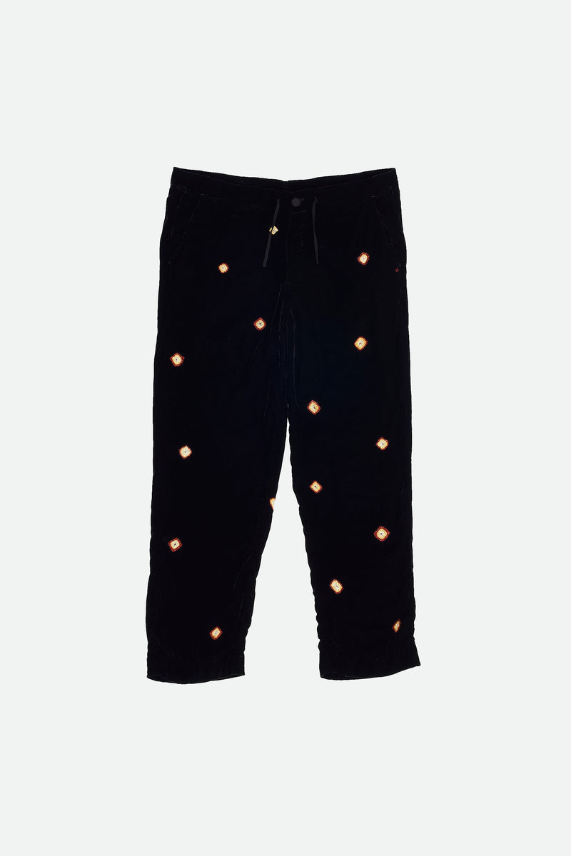 BLACK VELVET PANTS IN MULTI COLOURED BANDHANI