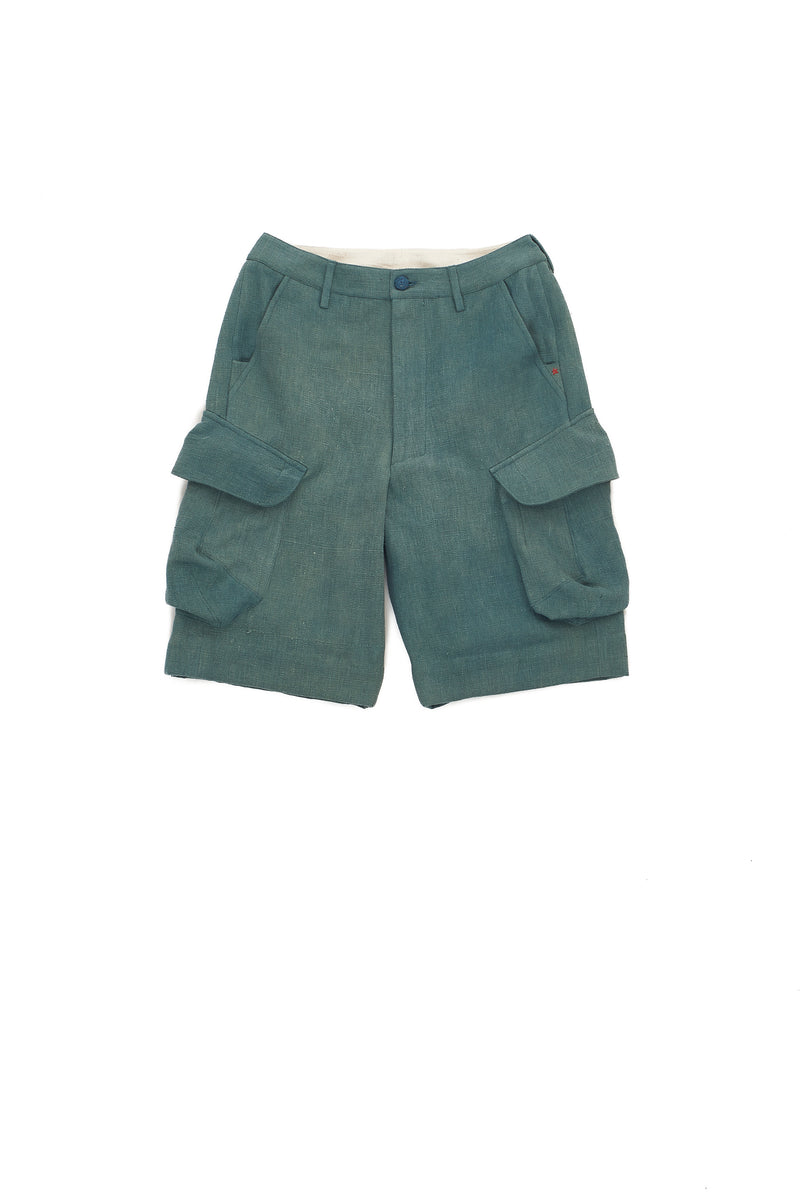 Natural Green Engineered Men'S Cargo Shorts In Handspun & Handwoven Cotton