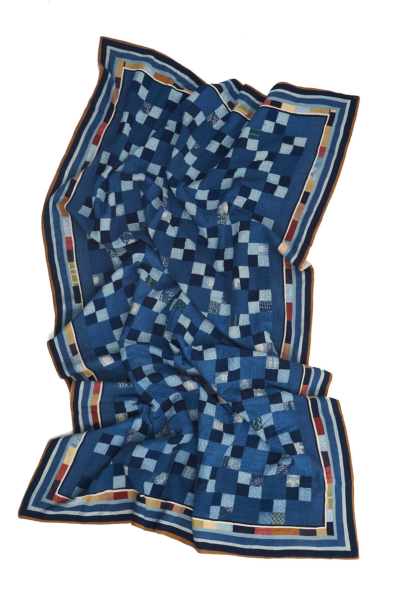 HAND EMBROIDERED PATCHWORK QUILT IN SHADES OF INDIGO