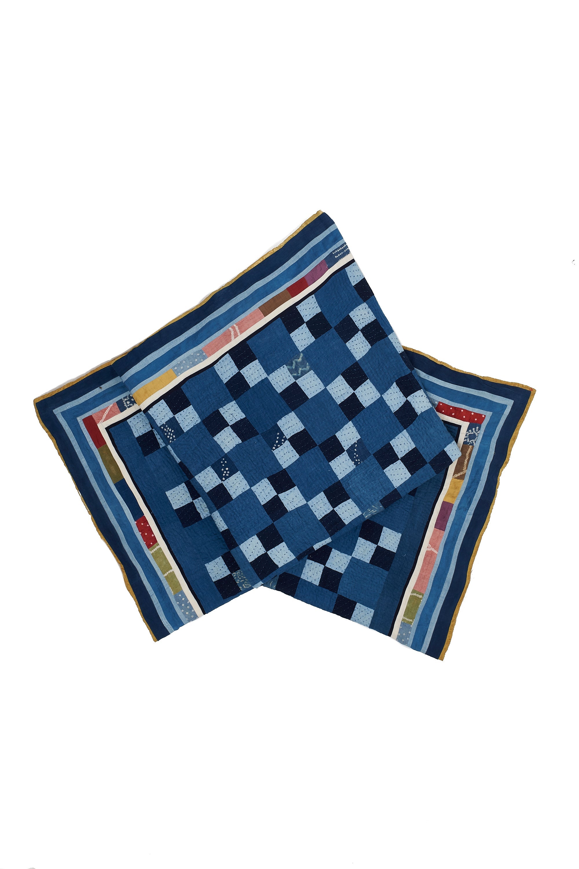 HAND EMBROIDERED PATCHWORK QUILT IN SHADES OF INDIGO