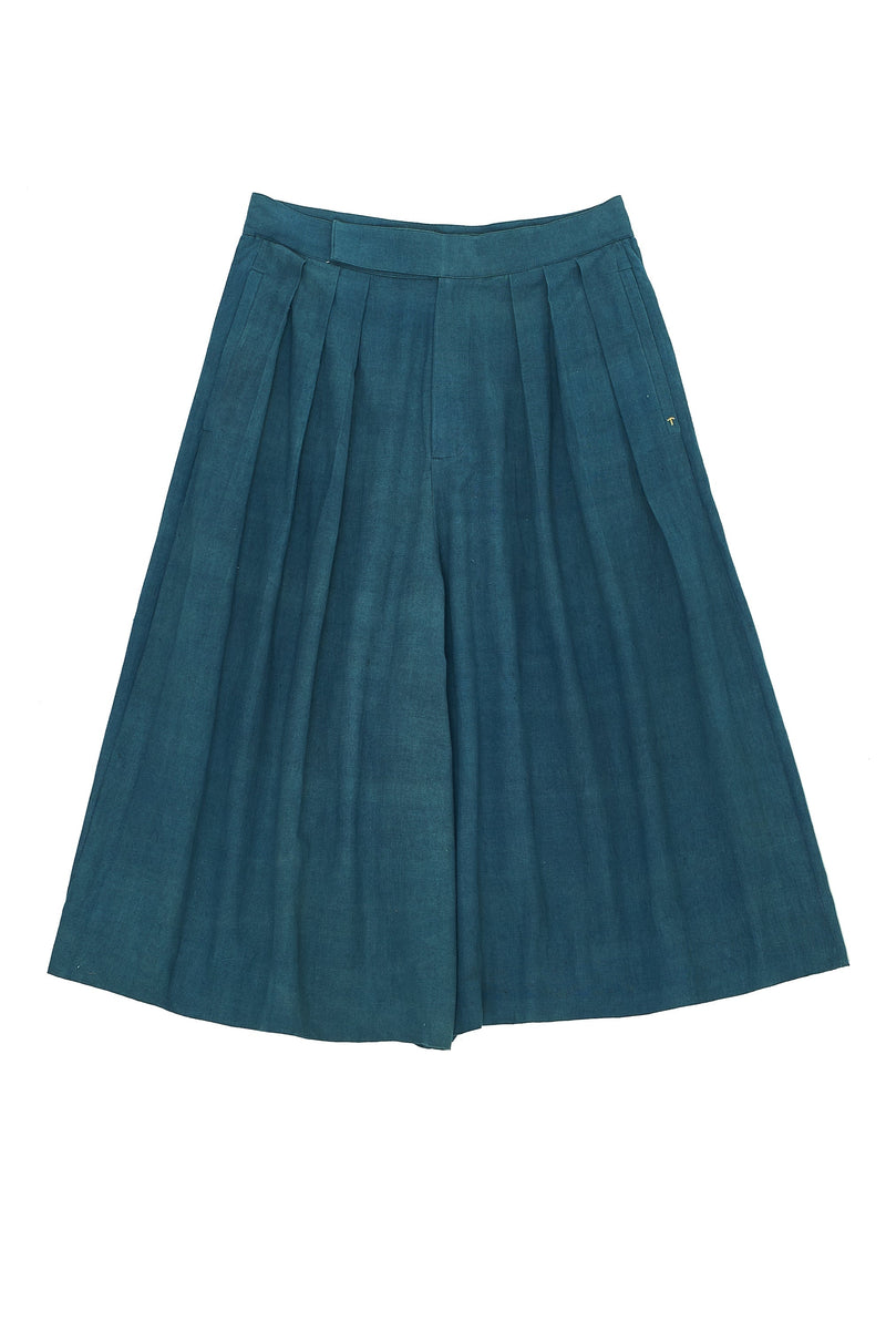 TURQUOISE PLEATED CULOTTES IN HANDSPUN COTTON