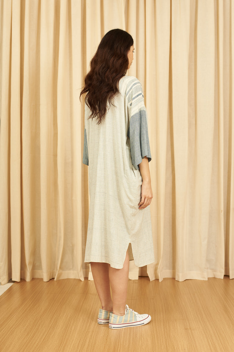 INDIGO ORGANIC COTTON YARN DYED PATCHWORK SCULPTED DRESS