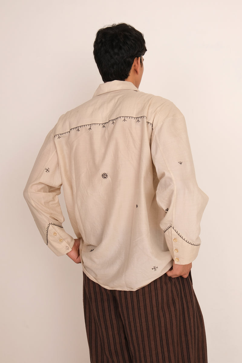 ECRU SILK & WOOL EMBROIDERED UNISEX SHIRT