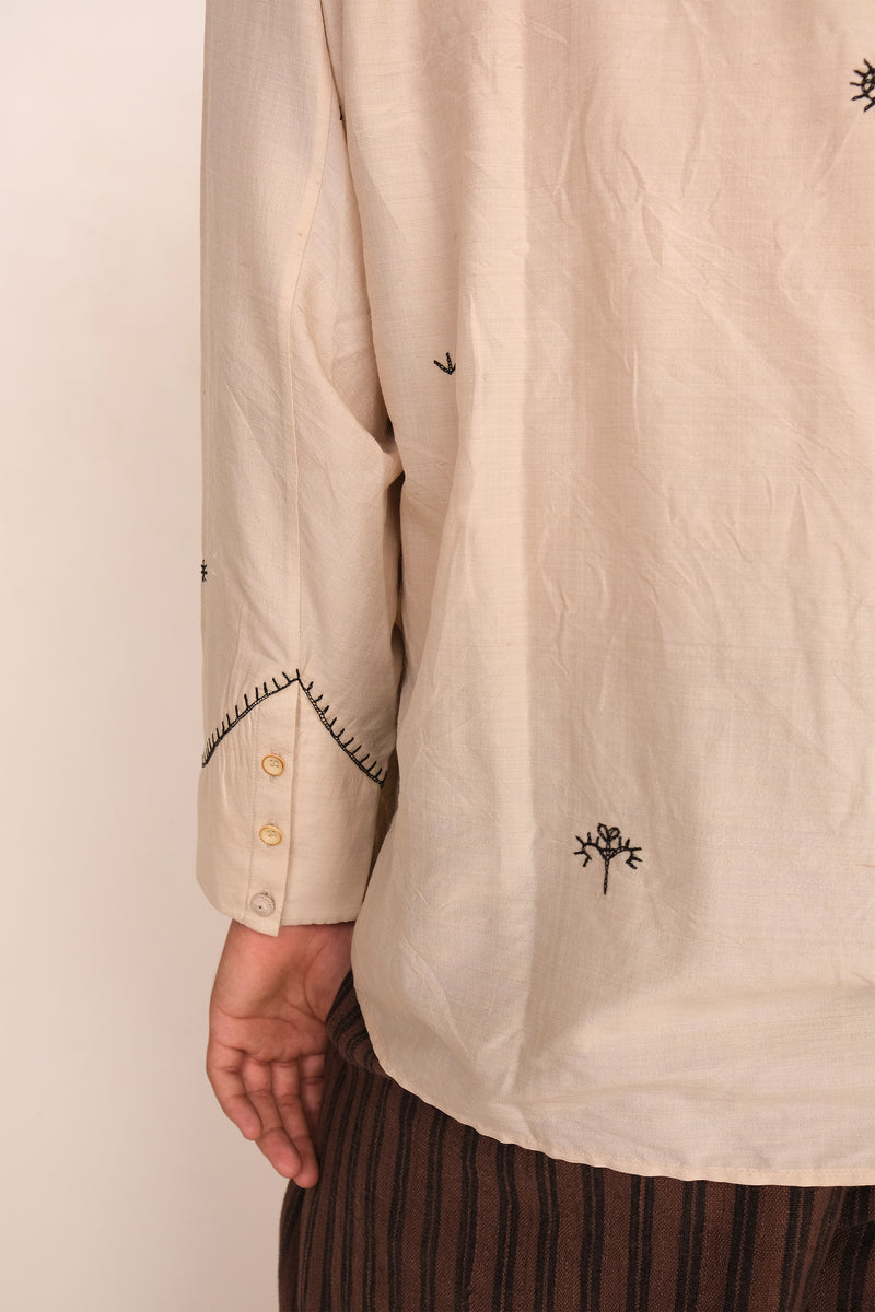 ECRU SILK & WOOL EMBROIDERED UNISEX SHIRT