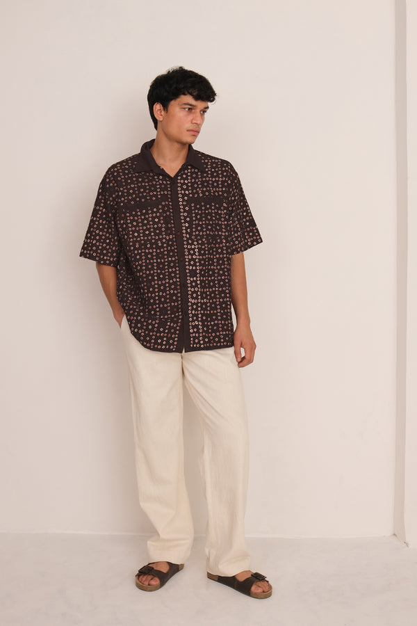 BURNT UMBER COTTON SILK BLEND BANDHANI SHIRT