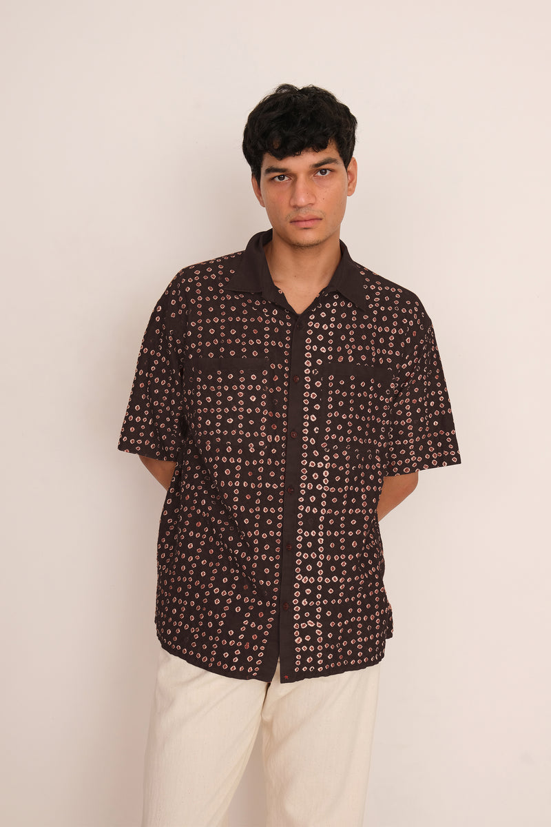 BURNT UMBER COTTON SILK BLEND BANDHANI SHIRT