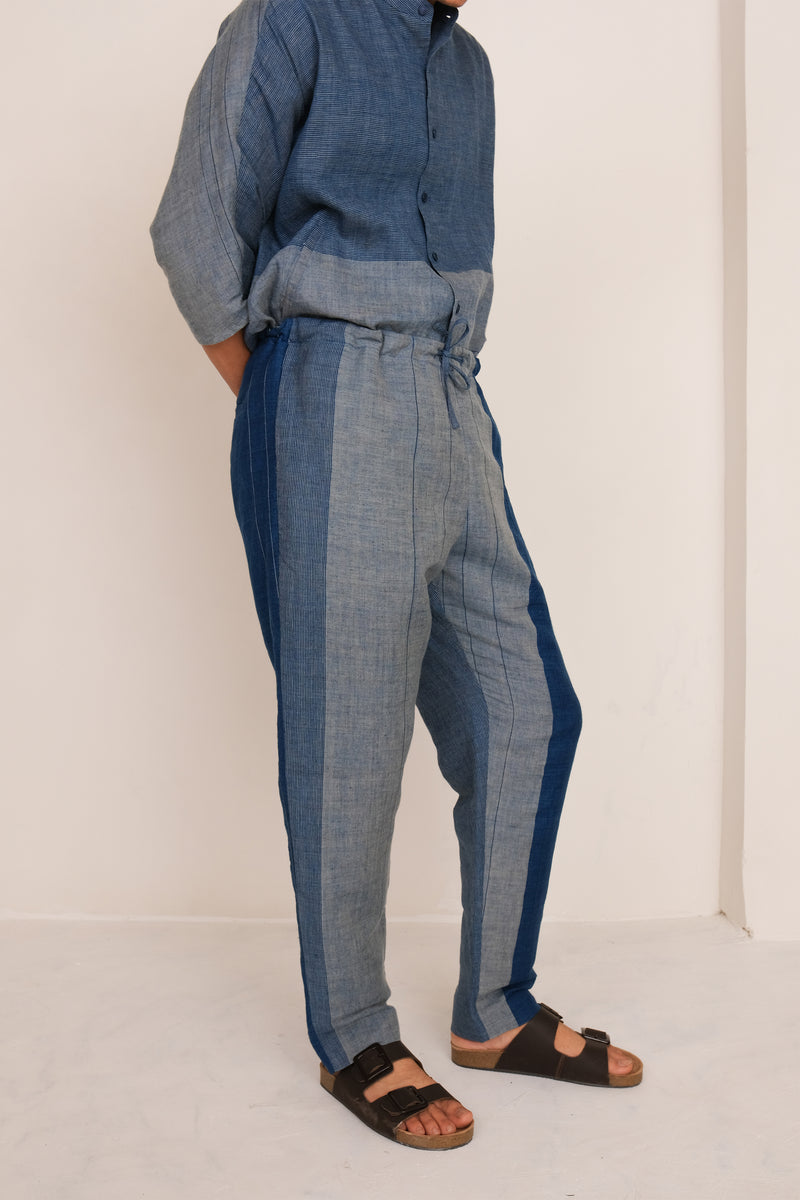 INDIGO YARN DYED STRIPES COTTON PANTS