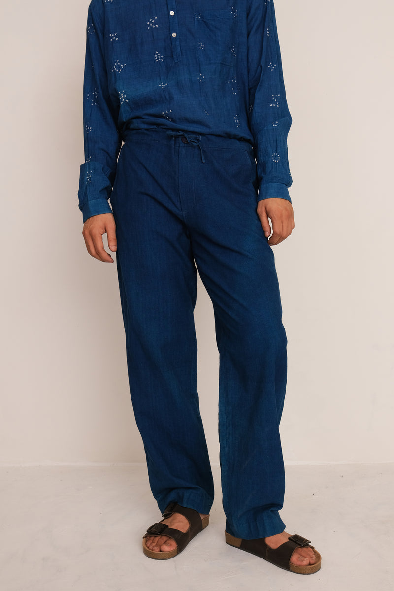 INDIGO DRAWSTRING COTTON PANTS