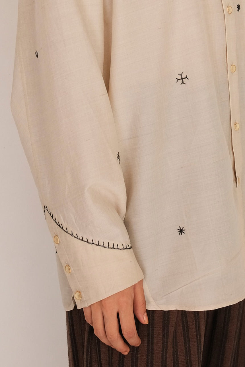 ECRU SILK & WOOL EMBROIDERED UNISEX SHIRT