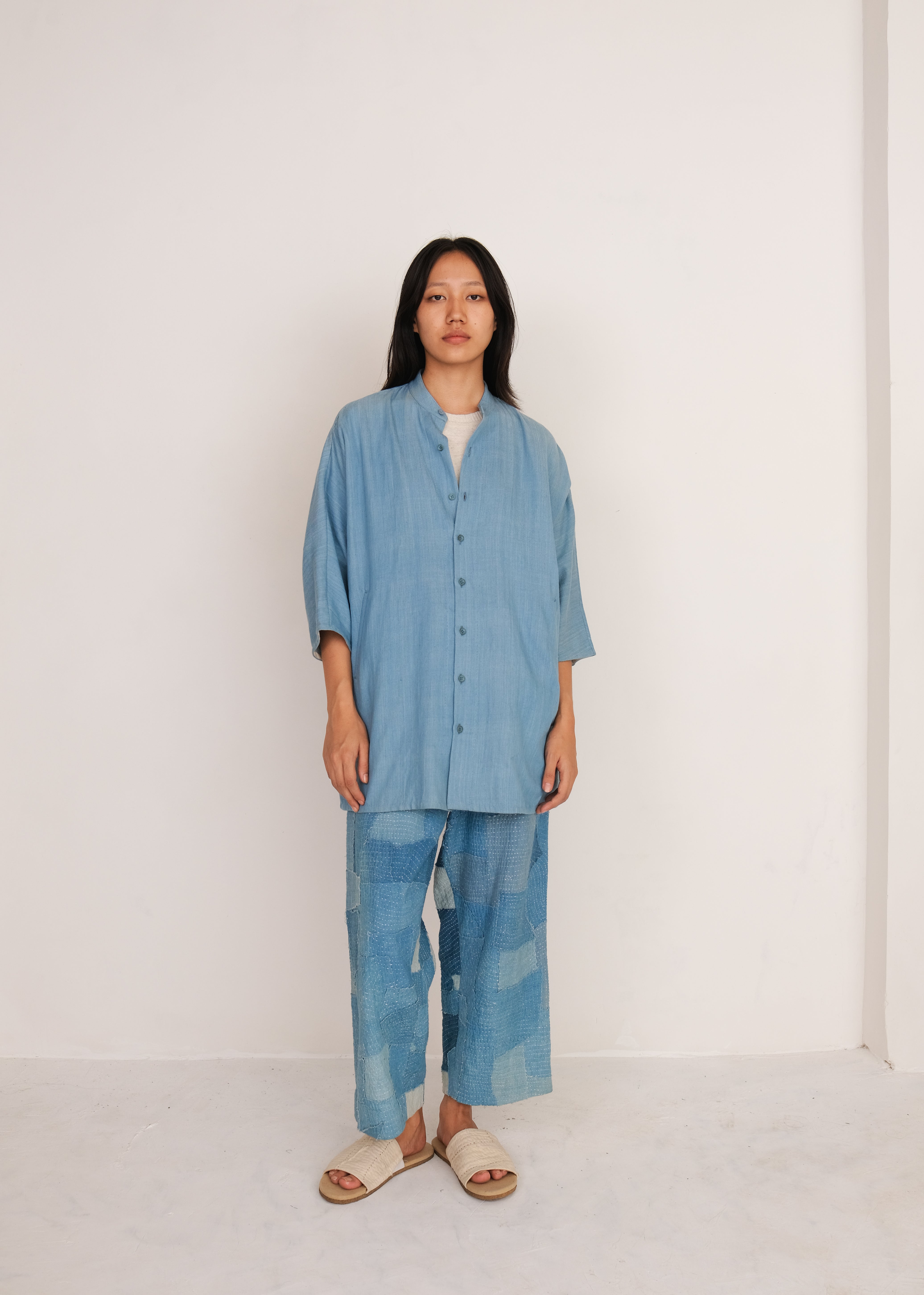 INDIGO DYED PATCHWORK ELASTIC PANTS ORGANIC COTTON