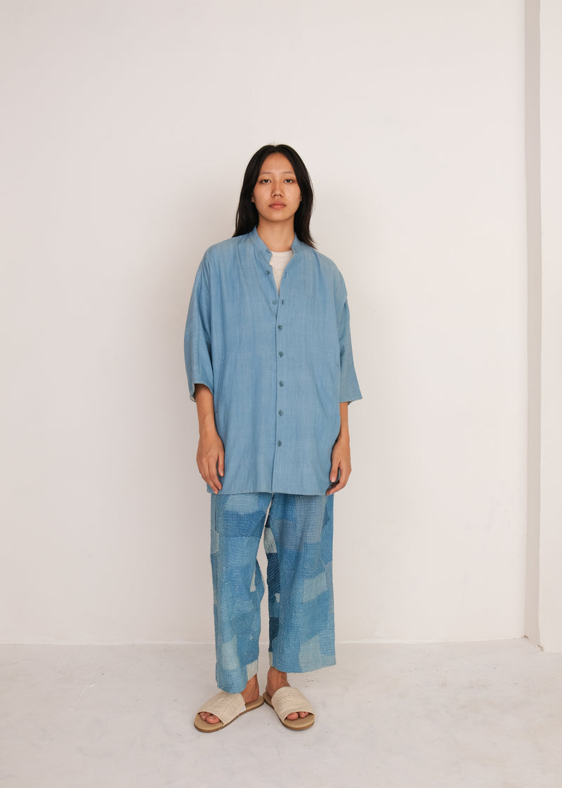 INDIGO DYED PATCHWORK ELASTIC PANTS ORGANIC COTTON