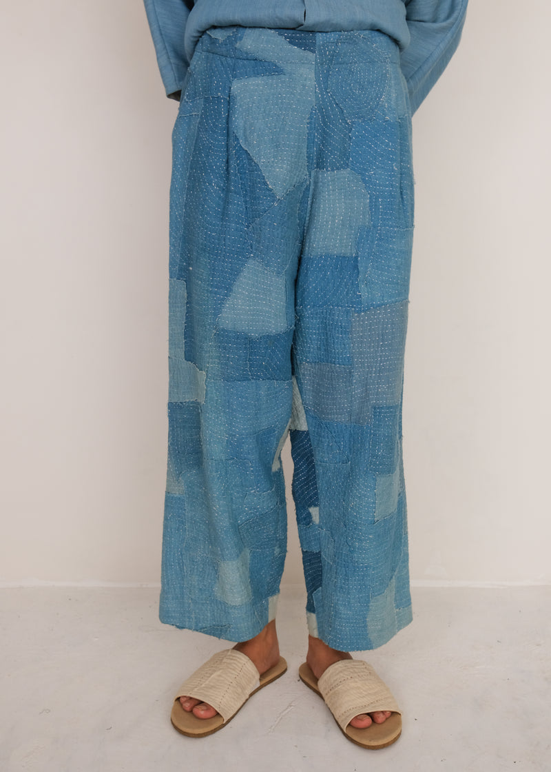 INDIGO DYED PATCHWORK ELASTIC PANTS ORGANIC COTTON