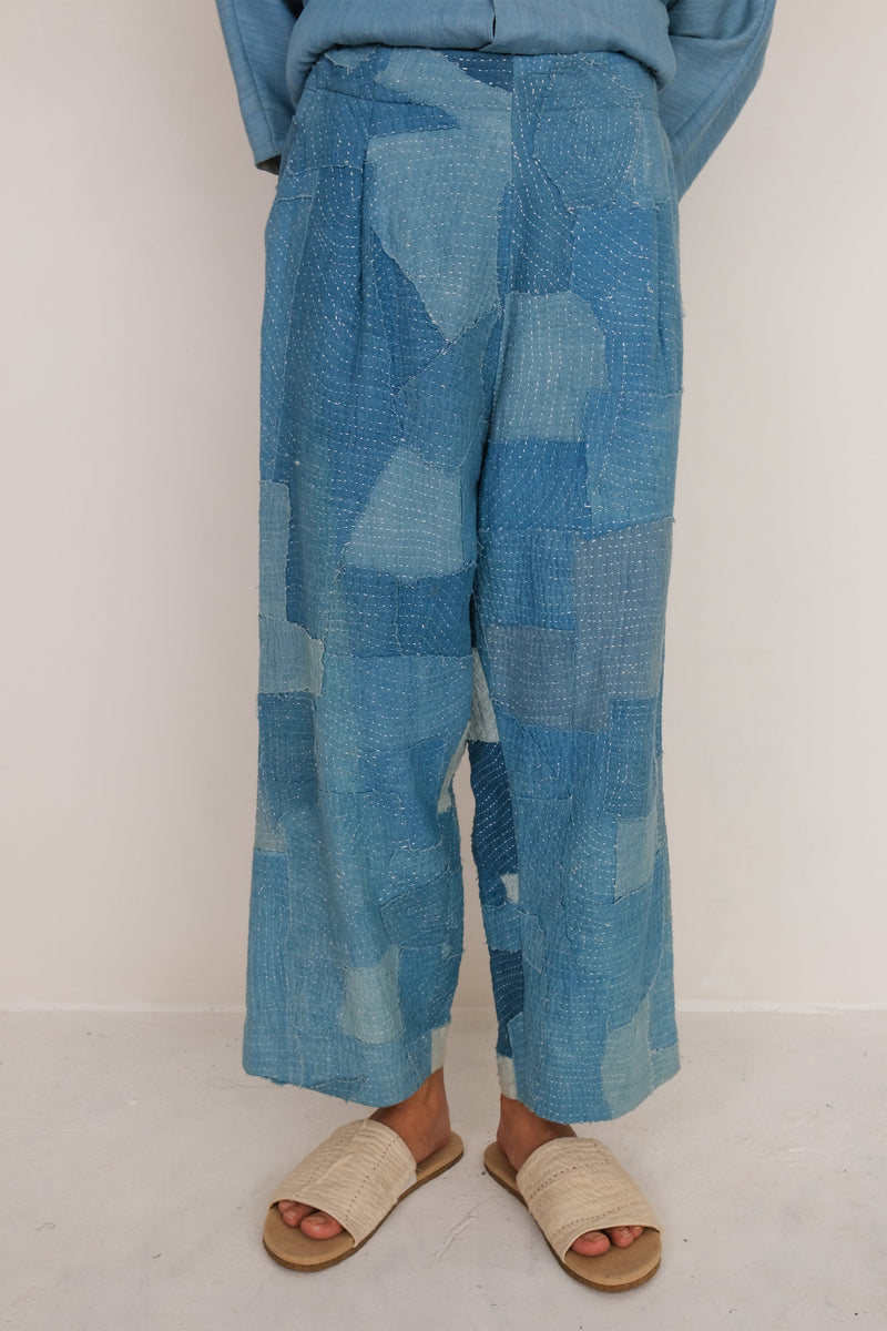 INDIGO DYED PATCHWORK ELASTIC PANTS ORGANIC COTTON