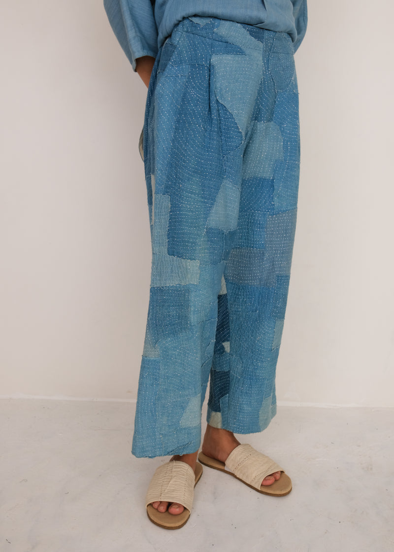 INDIGO DYED PATCHWORK ELASTIC PANTS ORGANIC COTTON