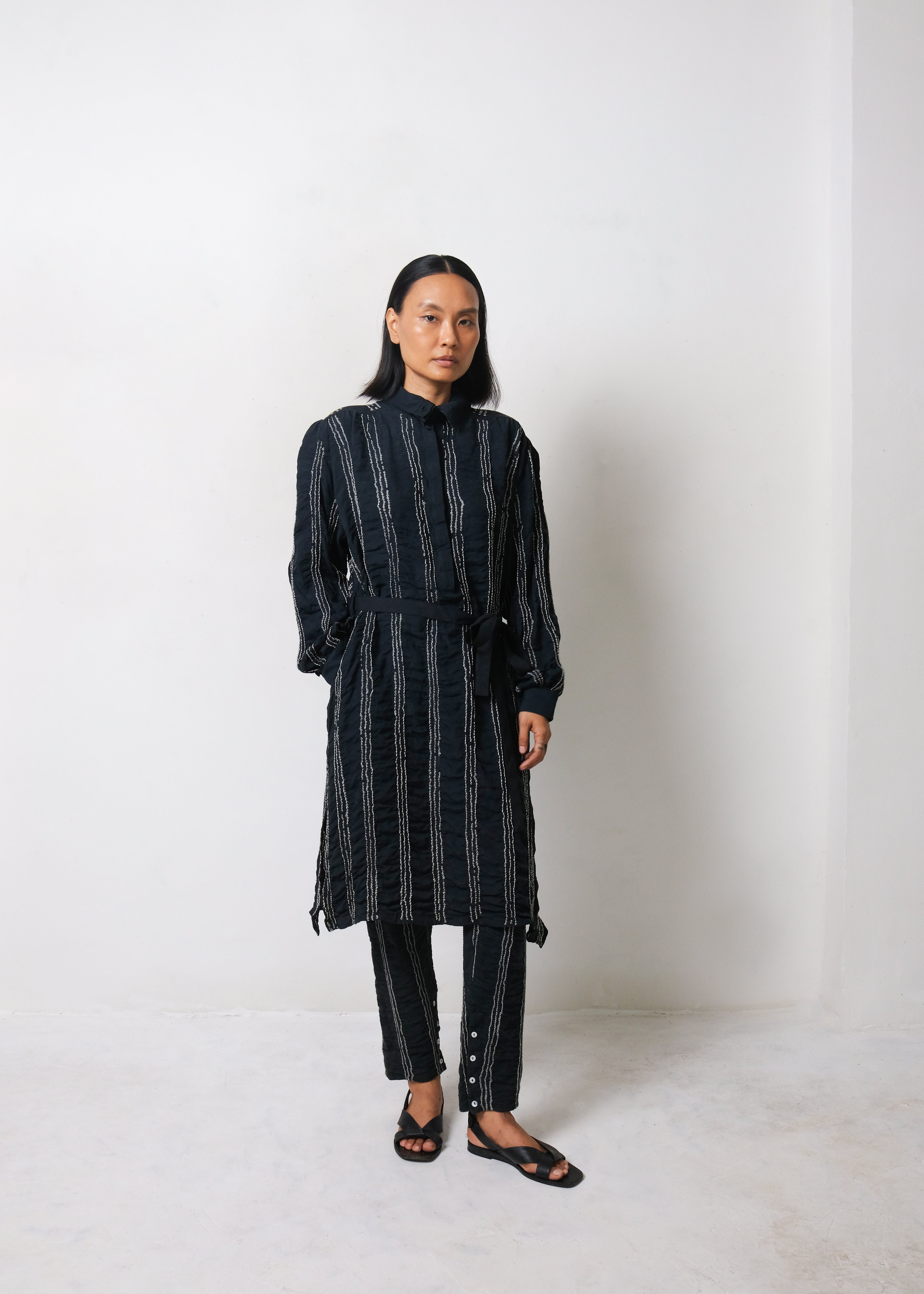 BLACK SILK WOMEN'S DRESS IN BANDHANI STRIPES